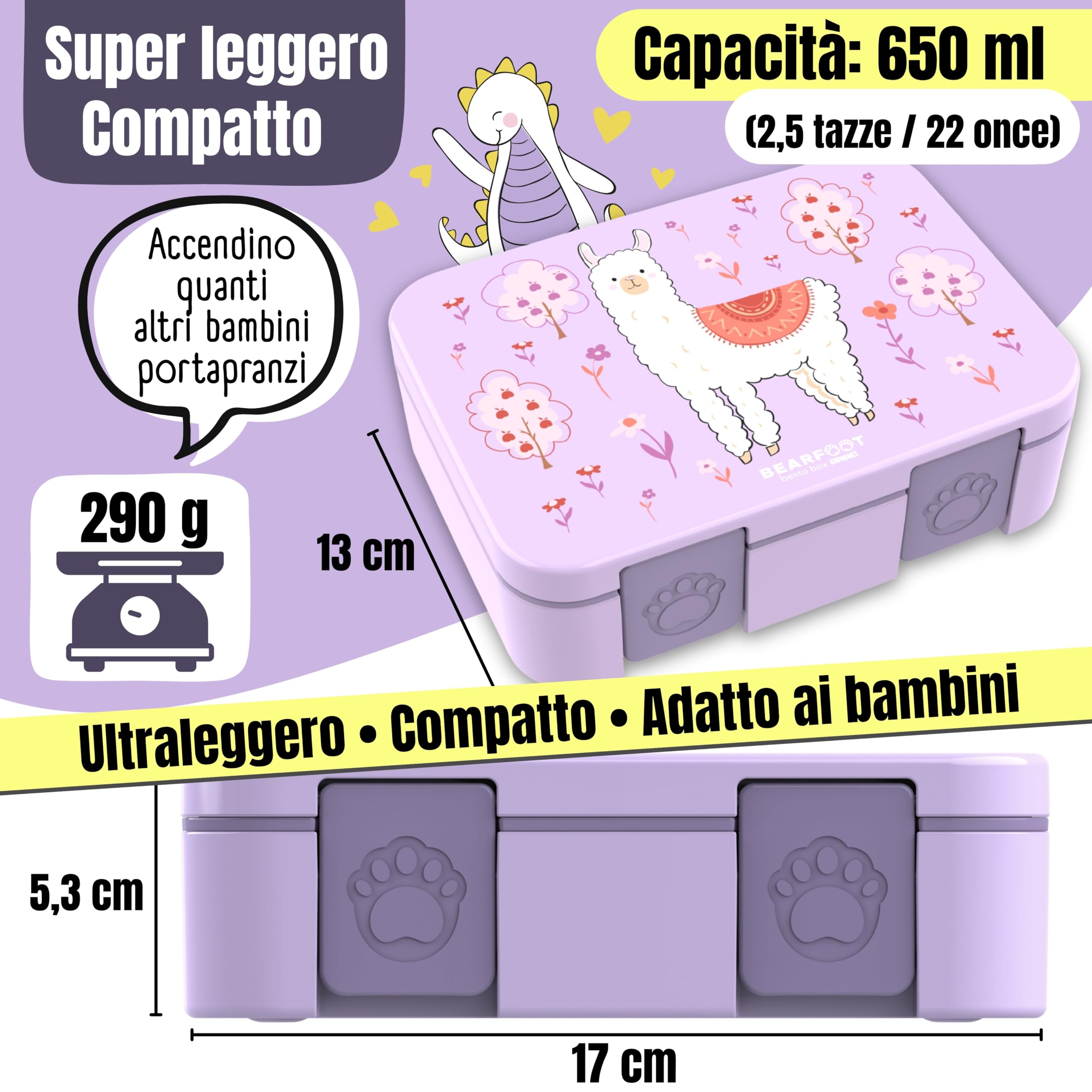BEARFOOT – Porta Pranzo Bambini Compatta, Lunch Box Bento Box Senza BPA, Portamerenda Scuola con Scomparti, Leggera e Ermetica per Bambini e Bambine (Lama Viola, 650 ml)