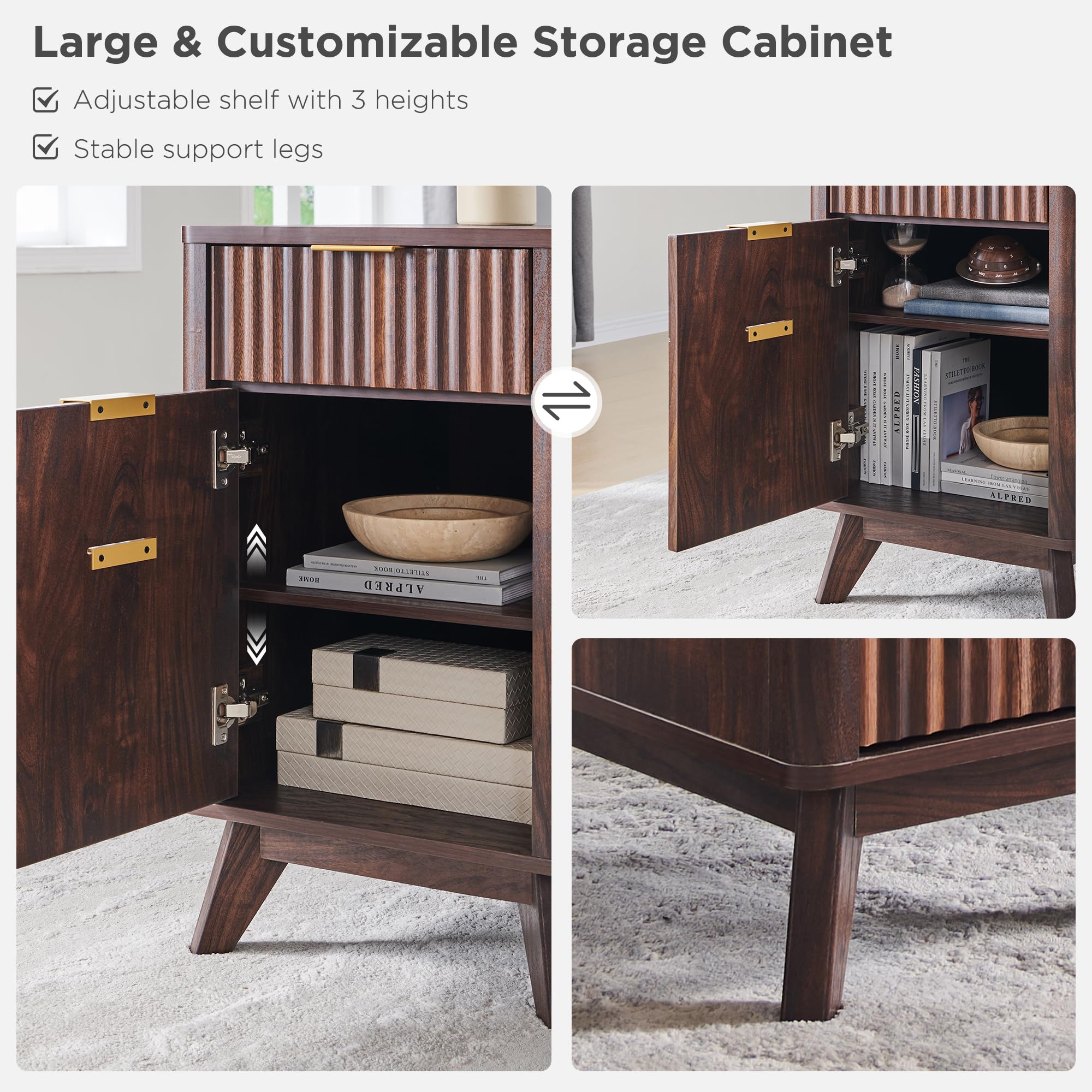 T4TREAM 60'' Fluted Executive L Shaped Desk, Modern Home Office Desk with Charging Station and File Drawer, Computer Corner Desks with Drawers & Storage Cabinet for Office Home, Bedroom, Natural Oak: Dark Walnut