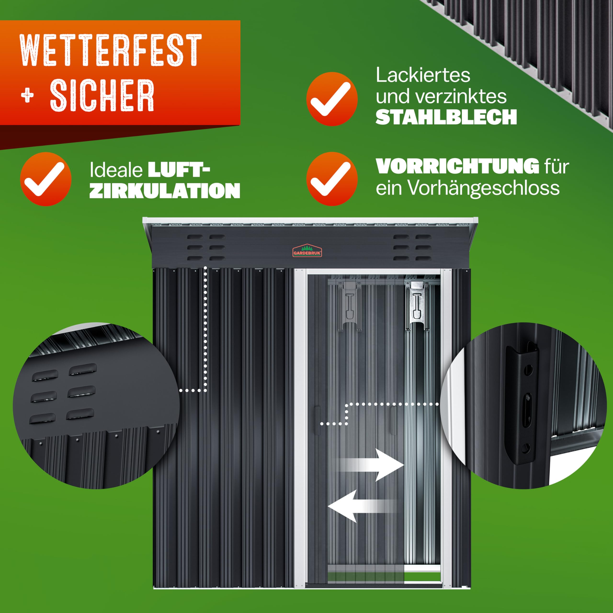 GARDEBRUK® Geräteschuppen 185x165x90cm 1,5m² Schiebetür 20kg Halter Handschuhe Belüftung rostfreies Metall Pultdach Anthrazit Gerätehaus Gartenhaus