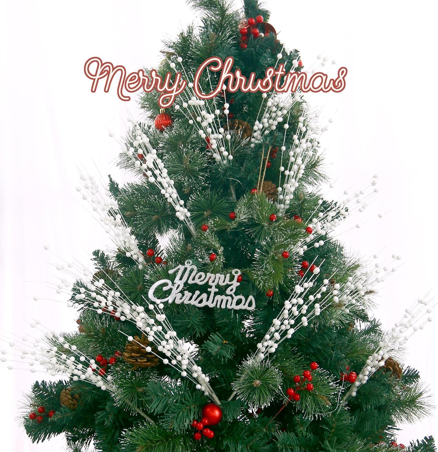 Christmas Artificial Glitter Holly Berry Stem,12Pcs Fake Christmas White Berries Branches Twigs 16 in Holly Berries Stem Picks for Christmas Tree Floral Arrangements Vase Home Decor