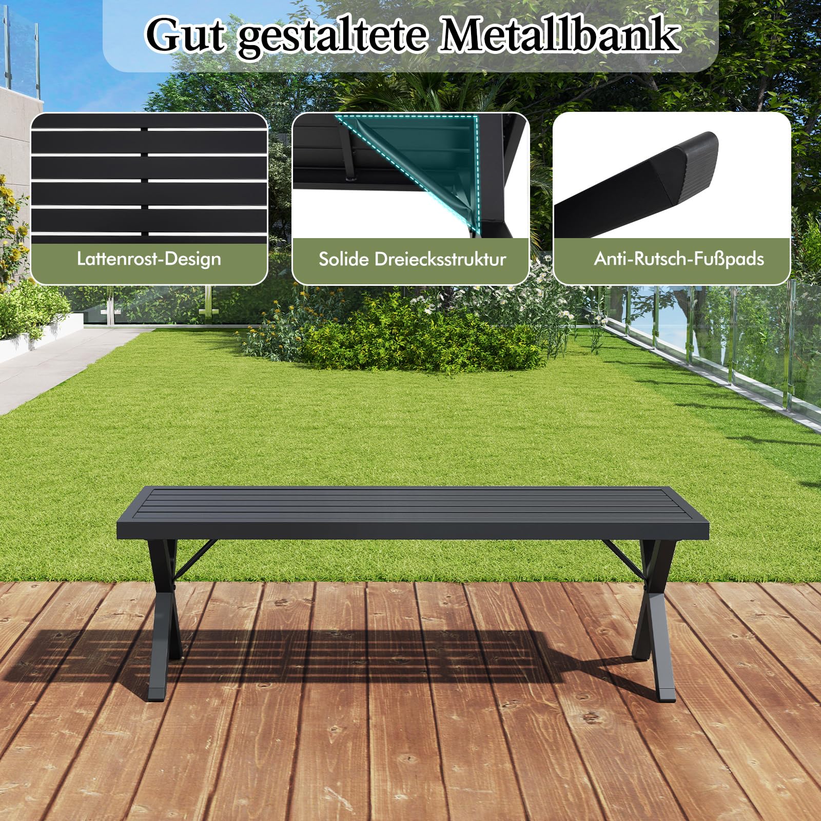 COSTWAY Gartenbank Metall wetterfest, 3-Sitzer Sitzbank ohne Rückenlehne, Balkonbank, Parkbank, Metallbank bis 360 kg belastbar, Terrassenbank für Garten, Balkon, Terrasse, 138 x 36 x 46 cm