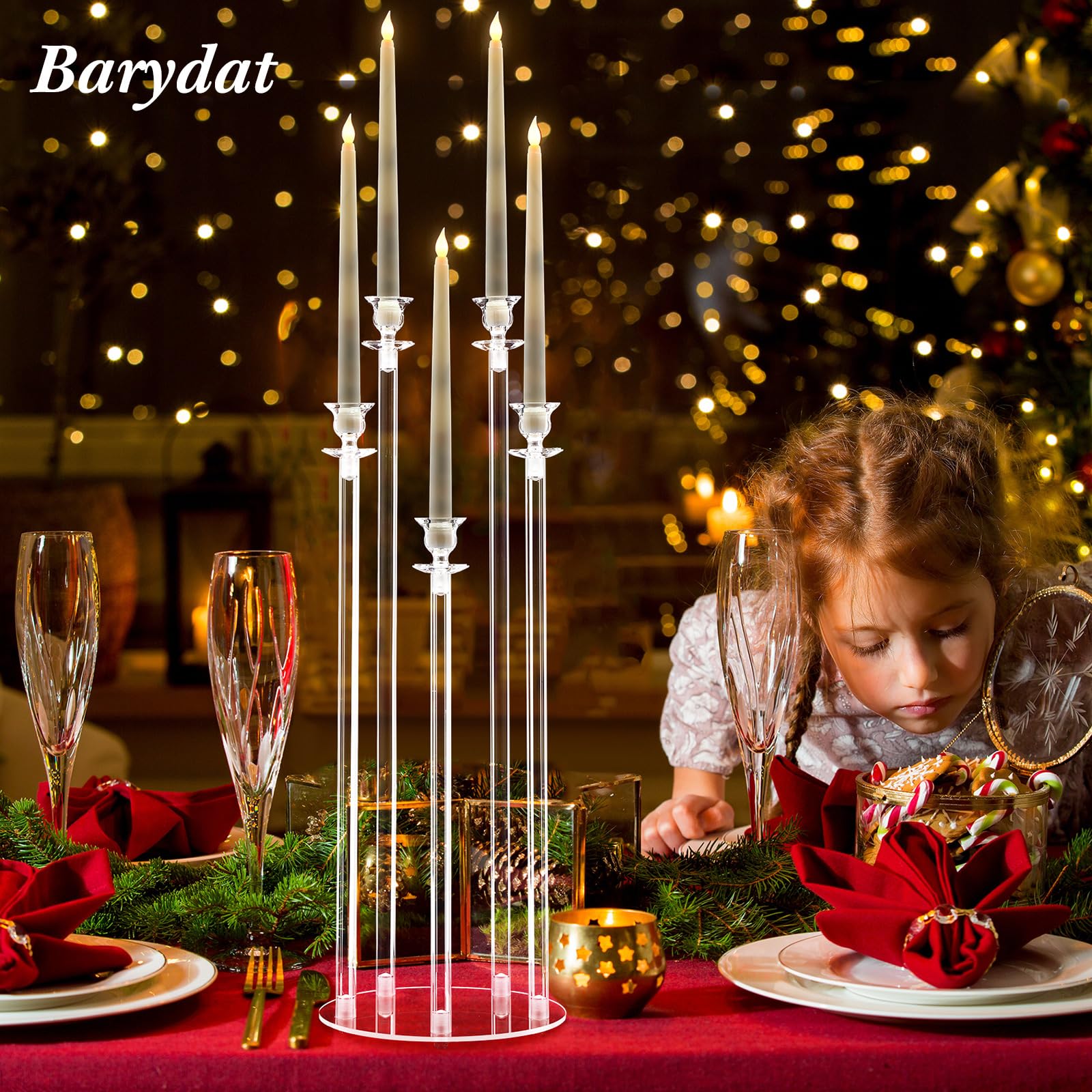 Barydat Juego de 4 candelabros acrílicos de 5 brazos para bodas, candelabros transparentes con 20 velas LED, 2 temporizadores remotos, 22 anillos de goma para Halloween, Navidad, fiesta, cena,