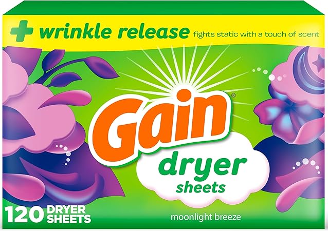 Gain dryer sheets Plus Wrinkle Release, Moonlight Breeze Scent, 120 Count, Fights static with a touch of scent, laundry sheets