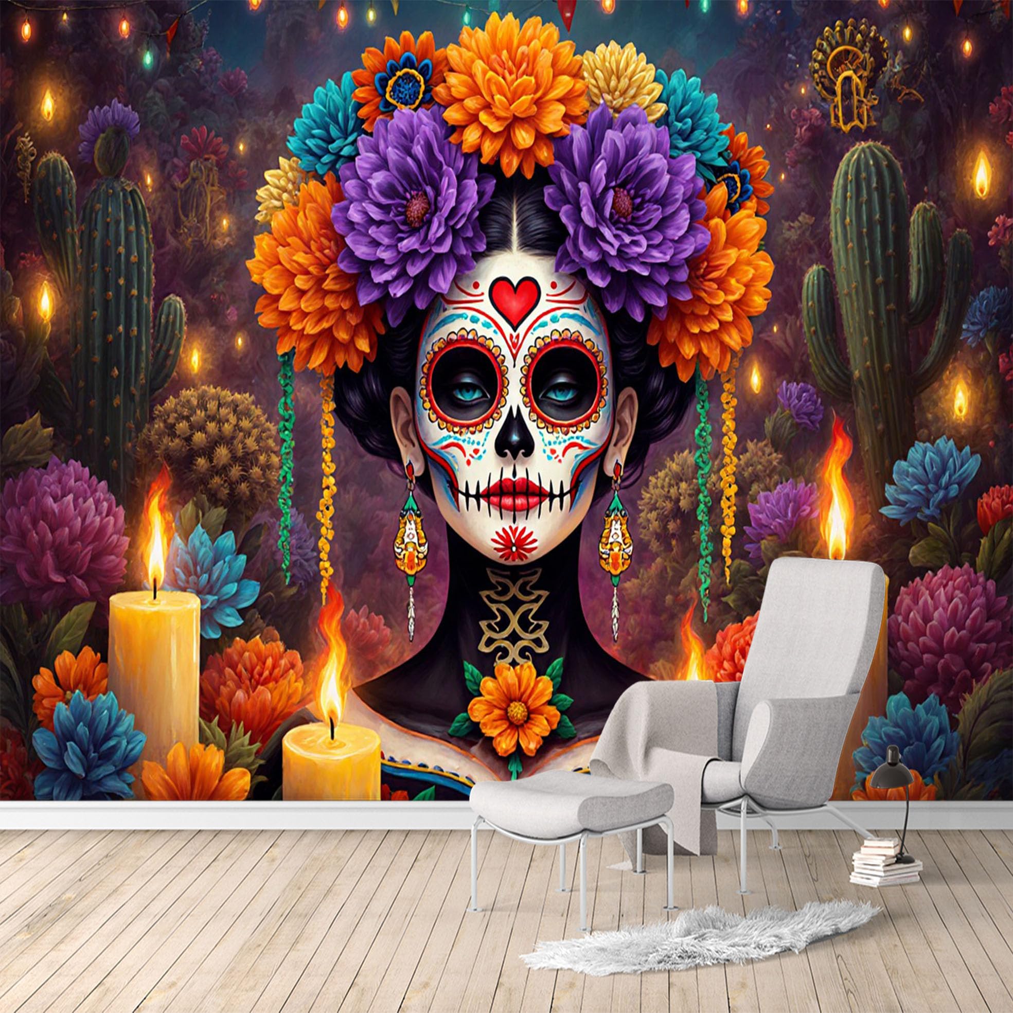Custom Size Wall Murals, Sugar Skull Day of the Dead Floral Cactus, SelfAdhesive Water Activated Removable Wall Covering, Large Photo Wallpaper for Living Room Bedroom Office