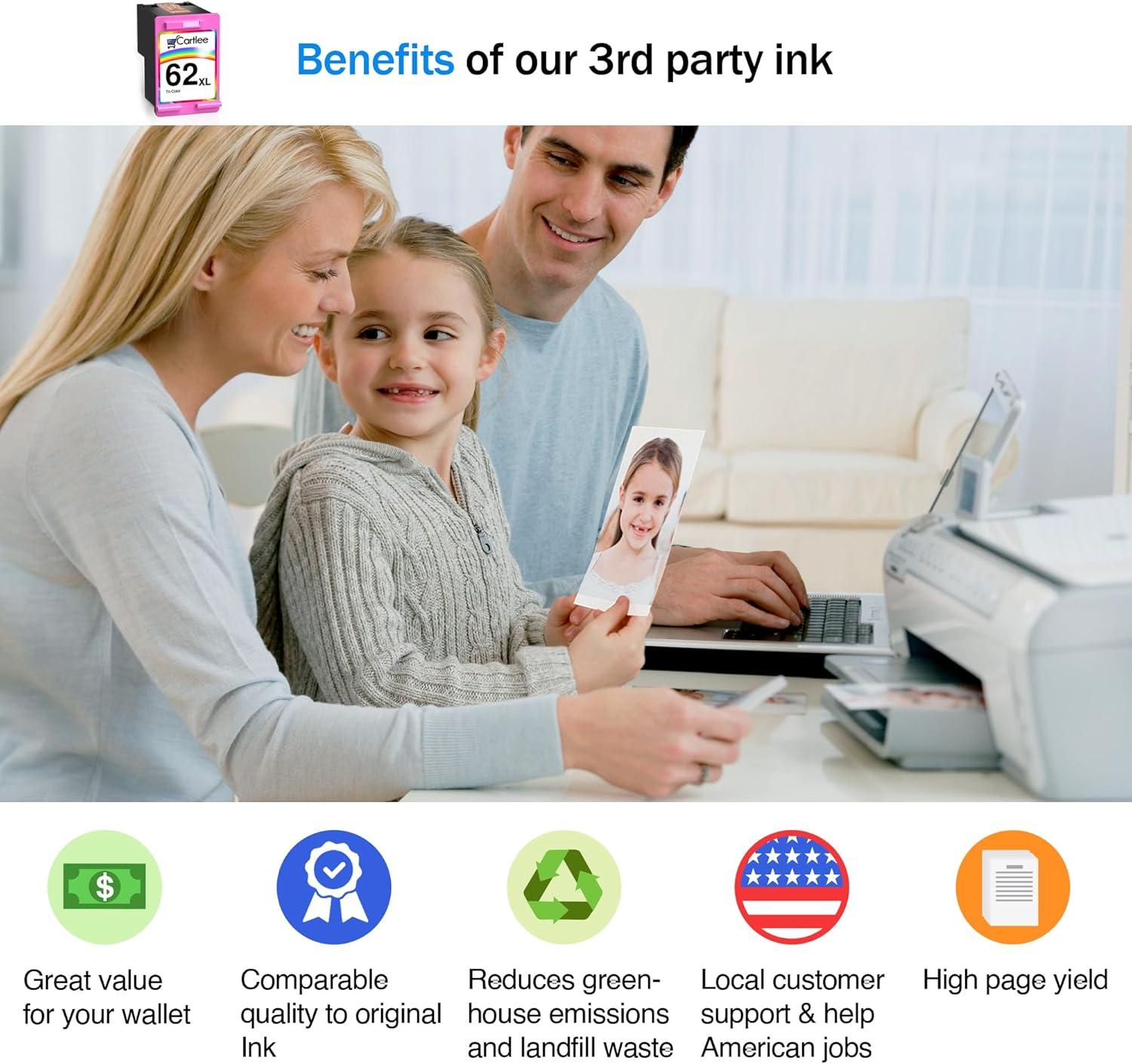 Cartlee Remanufactured Ink Cartridge Replacement for HP 62xl Ink Cartridges Color for HP Envy 7640 Printer 62xl Color Inkjet cartridges 62 XL