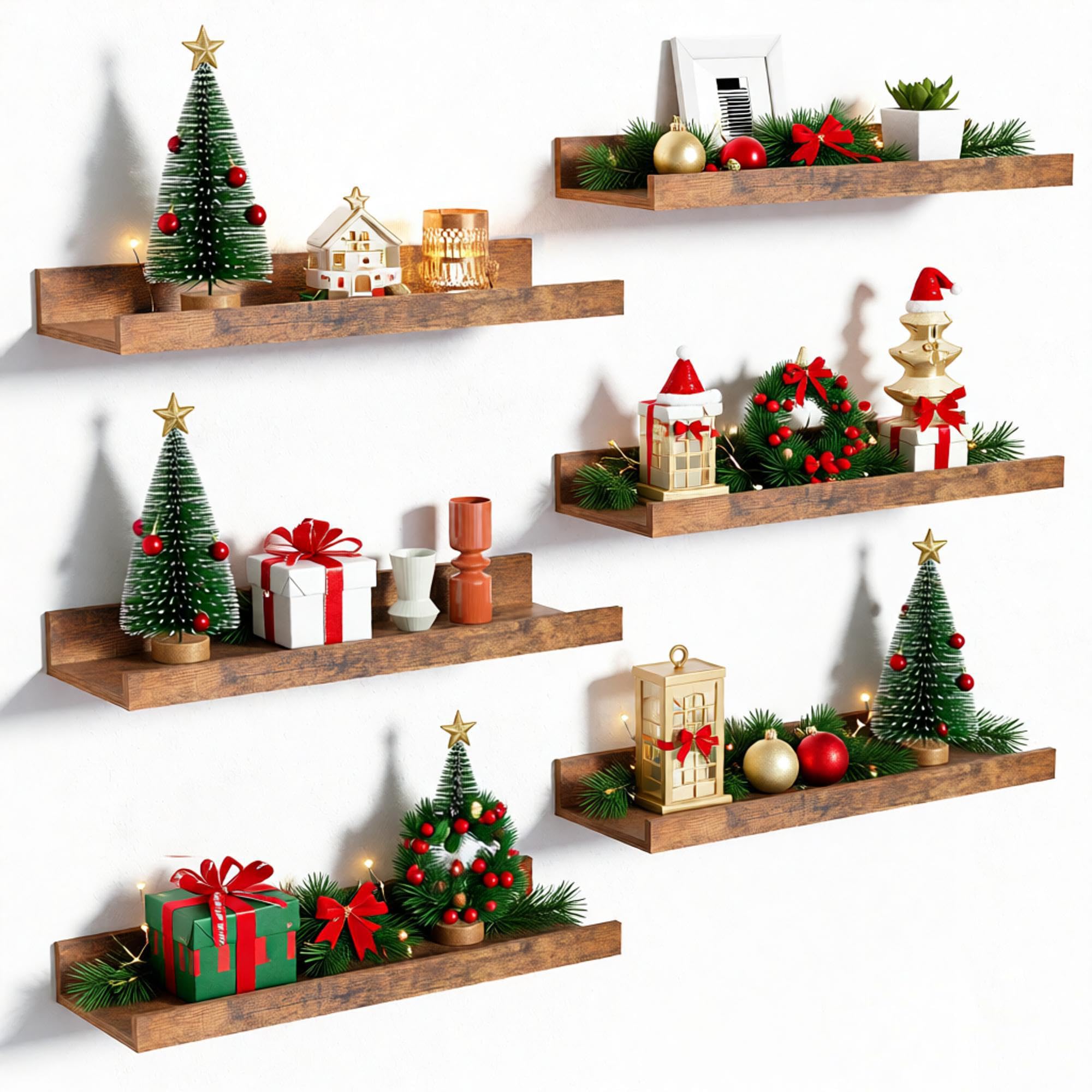 upsimples Floating Shelves for Wall, Wall Shelves for Decor Storage Set of 6, Wall Mounted Wood Shelf for Bedroom, Living Room, Bathroom, Kitchen, Picture Ledge Shelf, Brown