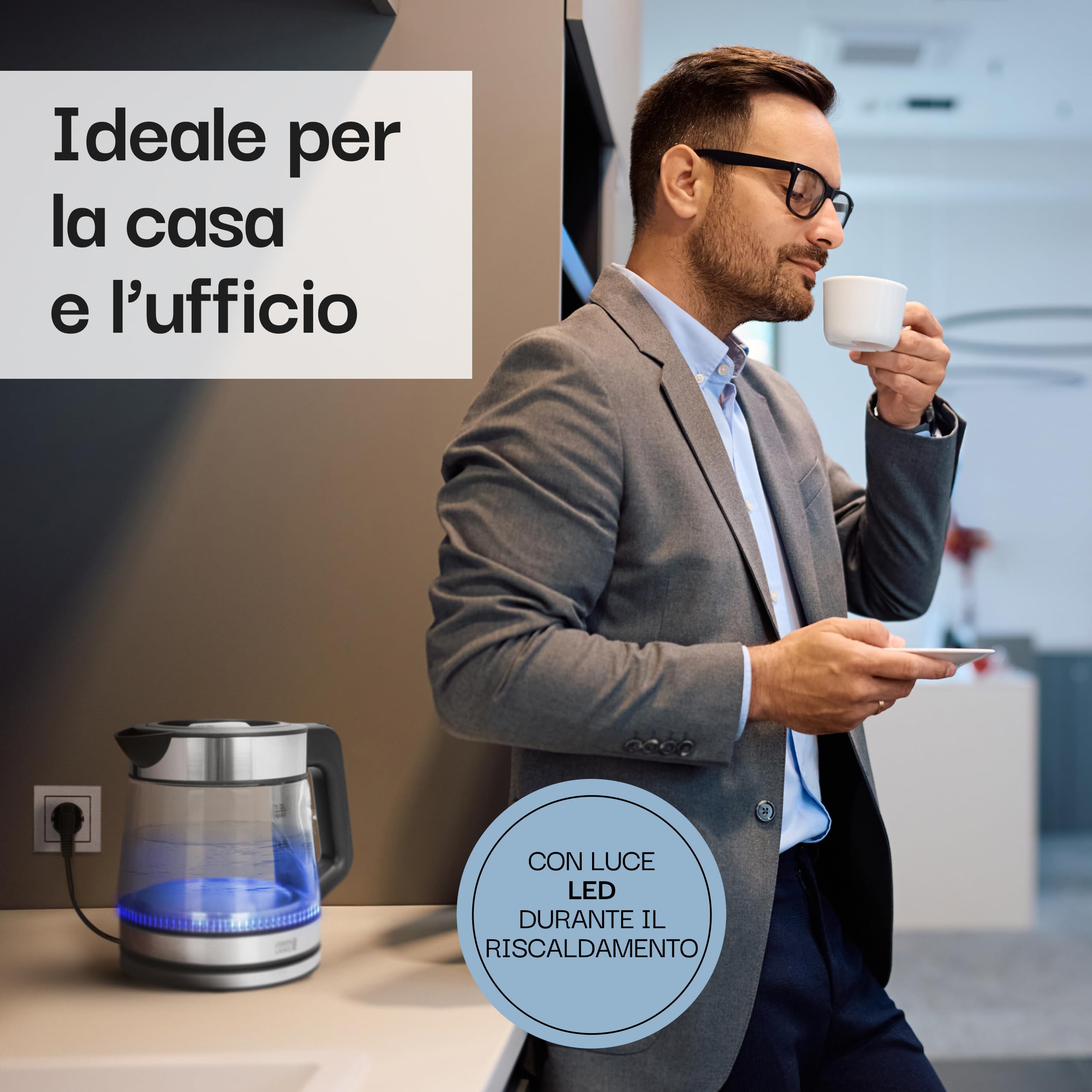 LEBENLANG Bollitore in vetro compatto – 1,2 litri con illuminazione LED I Design in acciaio inox bollitore senza BPA 1 L / 1,2 L I Piccolo bollitore da viaggio per campeggio Bollitore in vetro
