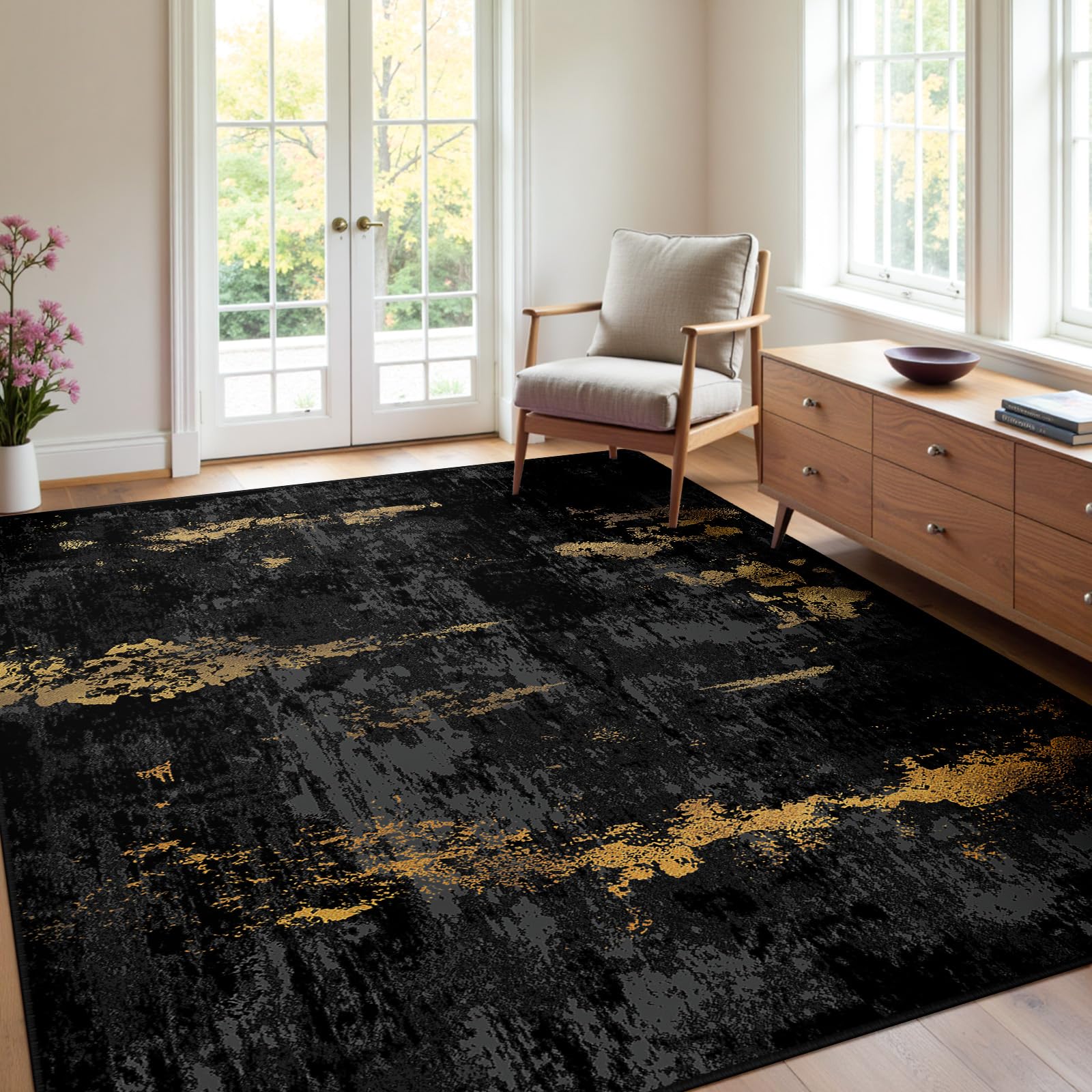 Photo 1 of RELEANY Abstract Area Rug 4'x5' Black/Gold