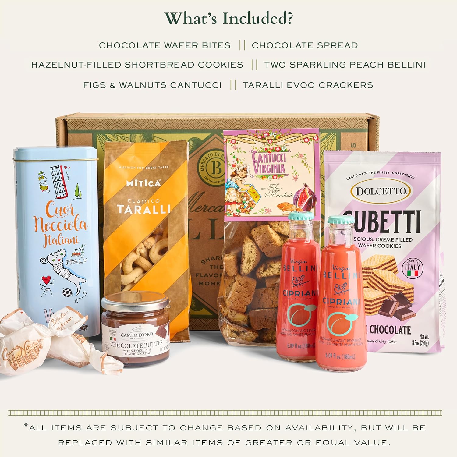 Mercato di Bellina Full of Gratitude Gourmet Gift Basket - Chocolate Spread, Premium Crackers, Bellini Soda & Italian Cookies from Italy, Ideal Gift Box for Birthdays, Holidays, Thank You, Get Well