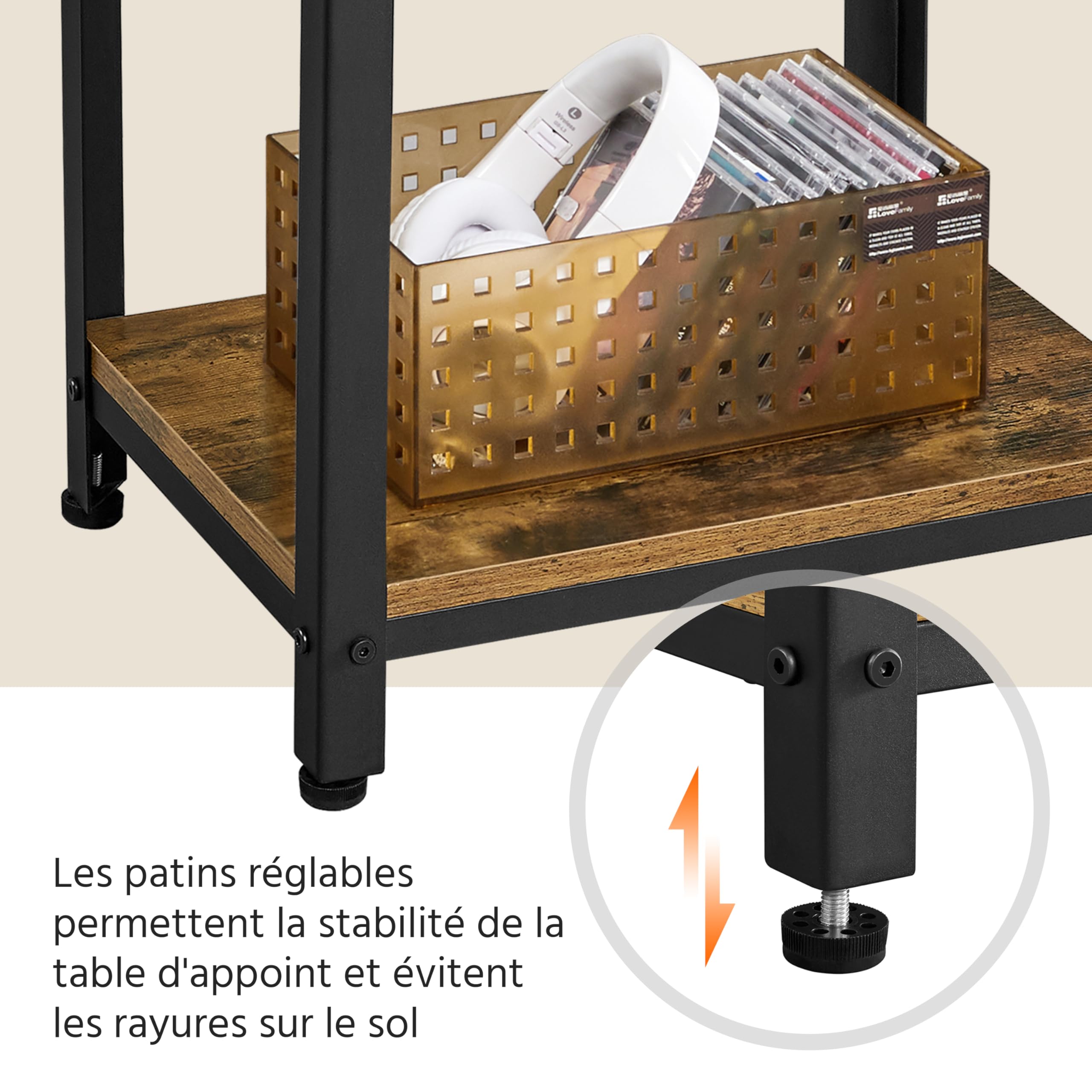 Yaheetech Table d'Appoint Idustrielle, Bout de canapé en Bois Vintage, Table de Chevet avec 3 Étagères de Rangement pour Salon Chambre Bureau Cuisine Brun Rustique 40 x 30 x 74,5 cm