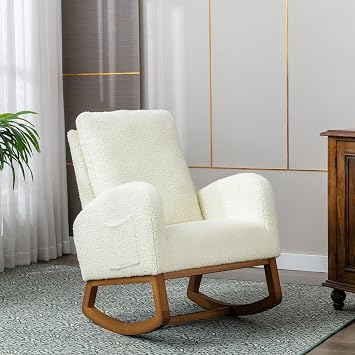 Rocking Chair, Modern Glider Chair, Recliner Armchair with Wood Legs and Side Pocket, Nursery Rocking Accent Chair with High Back for Living Room Bedroom White Teddy
