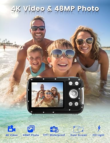 Miniatura 2 de Cámara subacuática 4K 48MP Autofocus Selfie Cámara impermeable de doble pantalla con correa flotante y tarjeta de 32 GB, cámara digital compacta