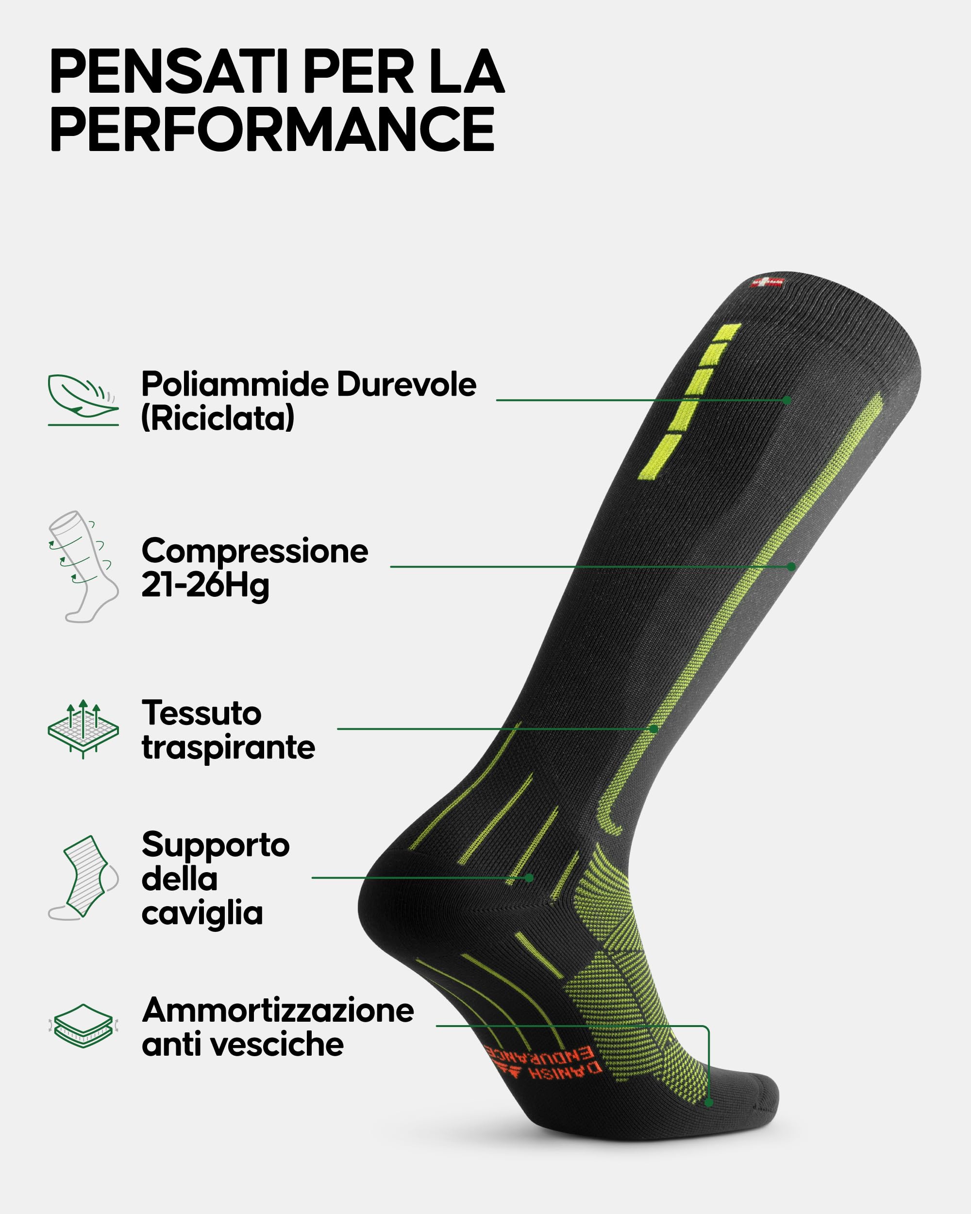 DANISH ENDURANCE Calze Compressione Graduata Uomo Donna 21-26mmHg, Calze Compressive per Recupero, Circolazione, Viaggi, 1 o 2 Paia