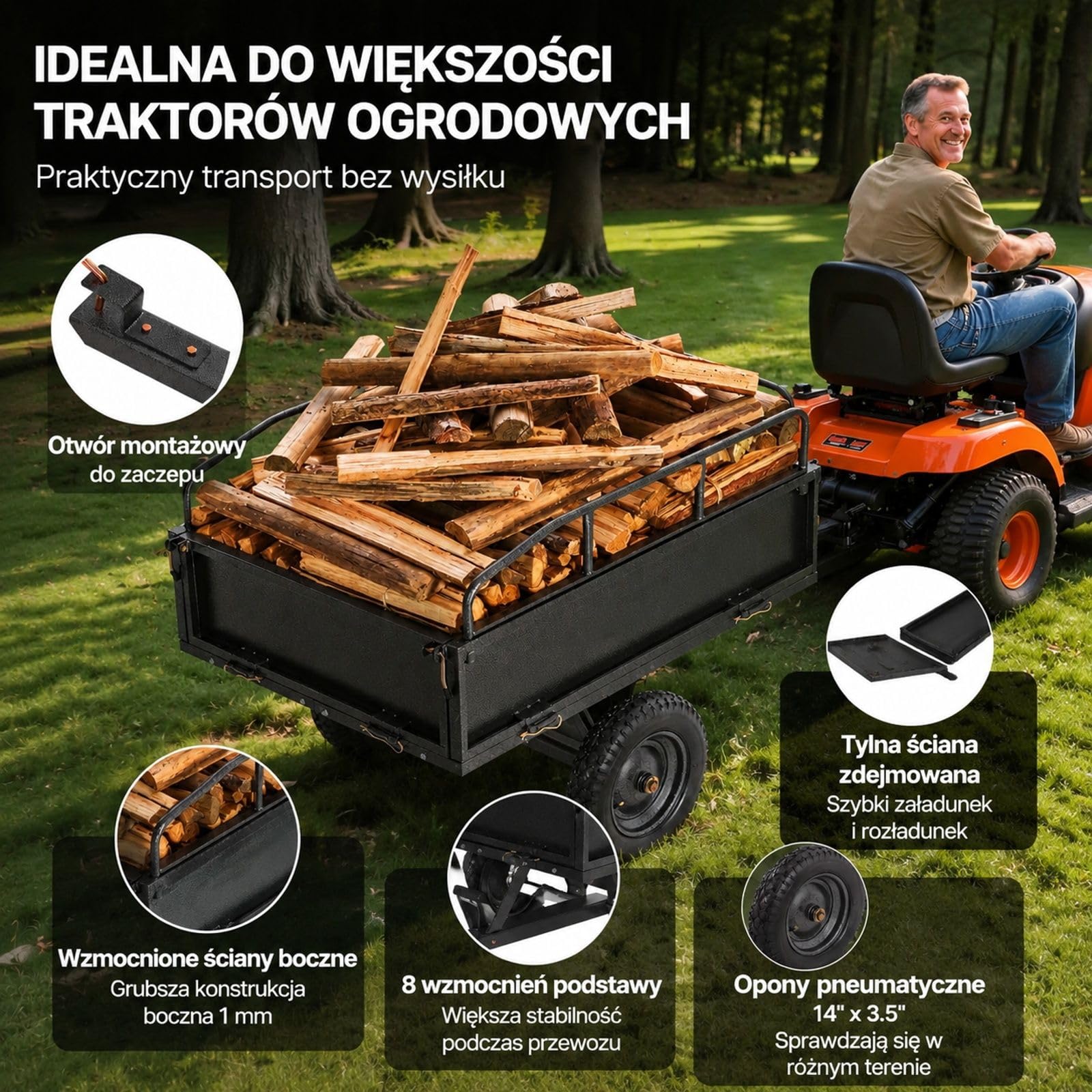 Przyczepa wywrotka 500 lb / 226,79 kg, czarny wózek ogrodowy z pedałem nożnym i uchwytem do ATV, UTV, kosiarki oraz traktora