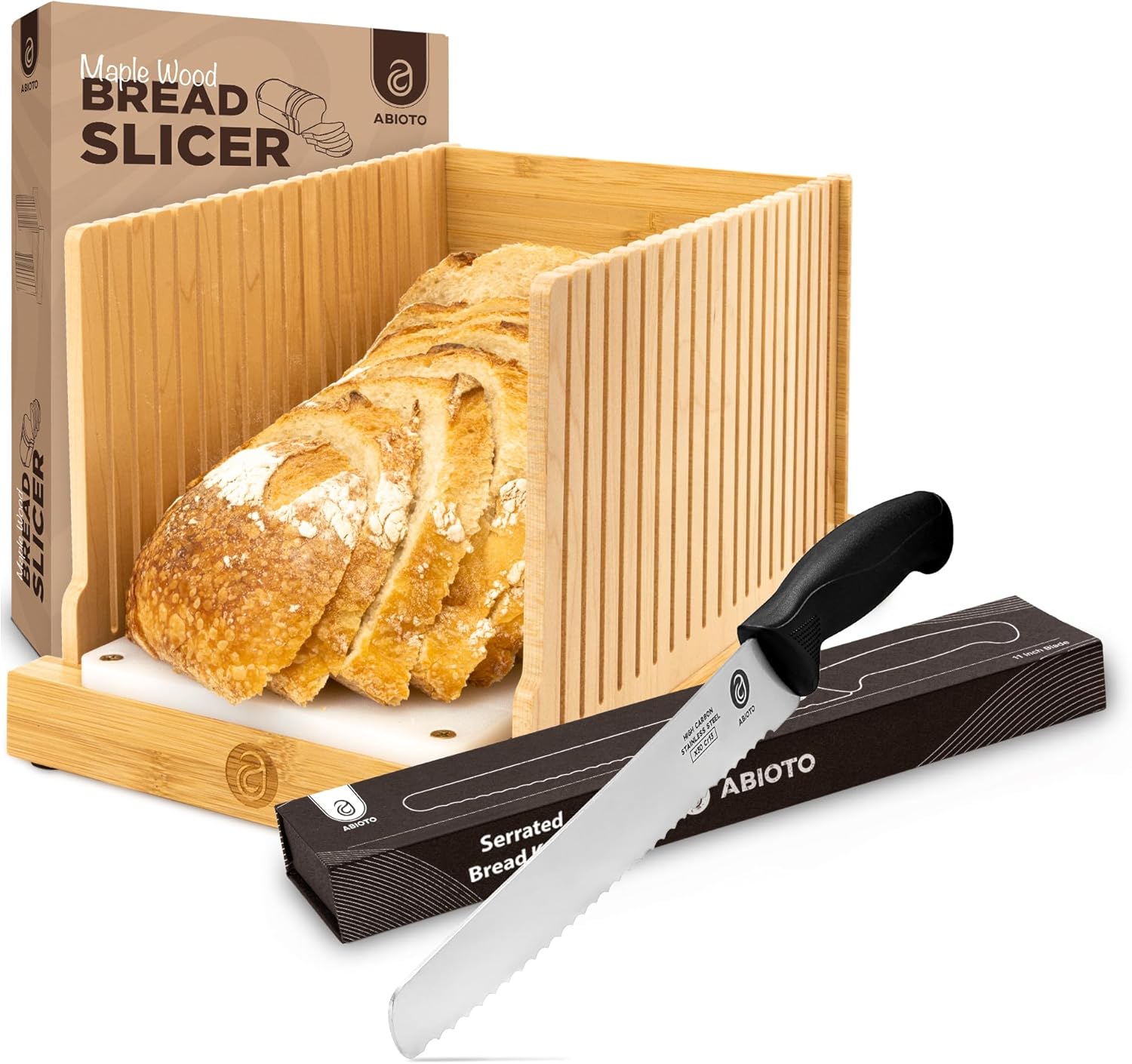 Serrated Bread Knife and Foldable Bread Slicer for Homemade Bread - An Ultimate Bread Slicing Set - No Splinters with HDPE Base and Maple Fingers