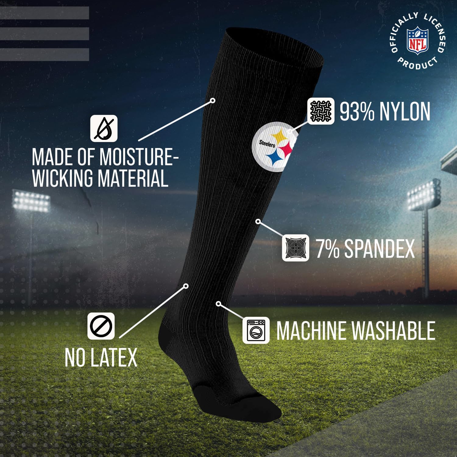 For Bare Feet NFL Adult Knee High-Performance Socks, All Black, Unisex Design, Recovery Wellness Exercise Accessory - Image 3