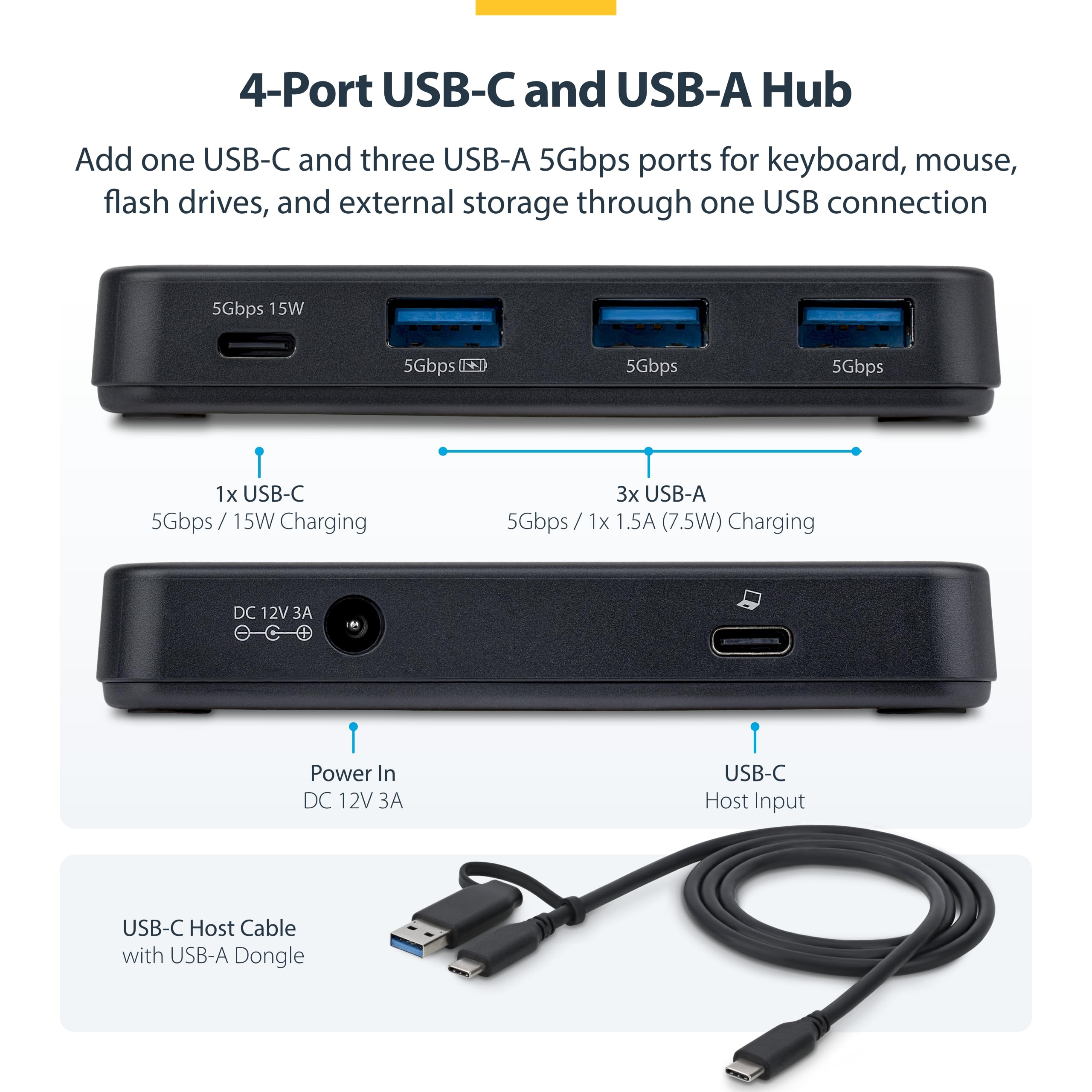 StarTech Hub USB-C/USB-A 4 Porte 5Gbps, 36W, Autoalimentato (311UE-USB-HUB) | Cavo Host USB-C/USB-A, 1x USB-C e 3x USB-A, 1x BC 1.2