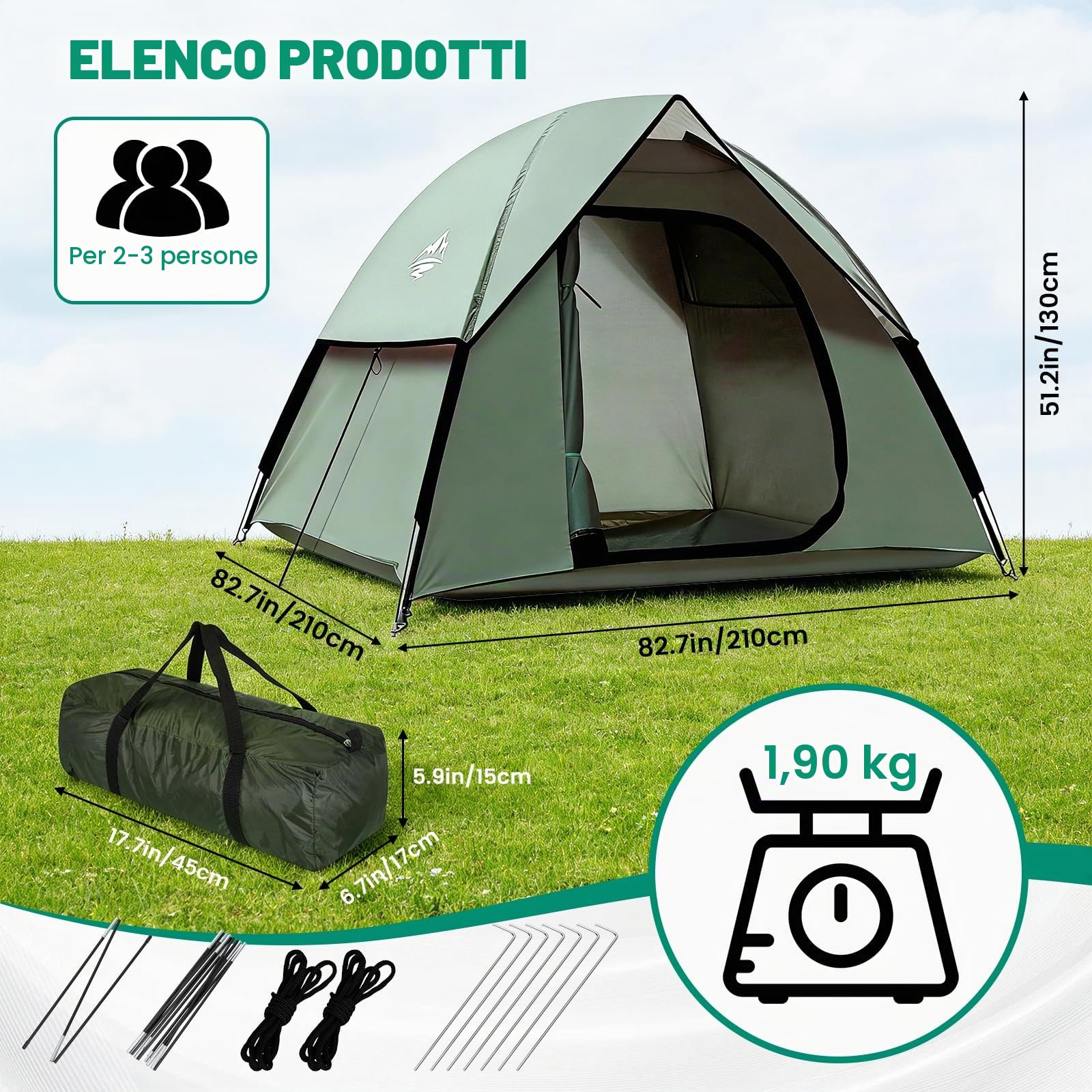 Tenda da campeggio per 1-3 persone, ultraleggera, doppio strato impermeabile e antivento, con ingombro ridotto per campeggio, giardino, escursionismo, trekking e famiglie (Verde esercito)