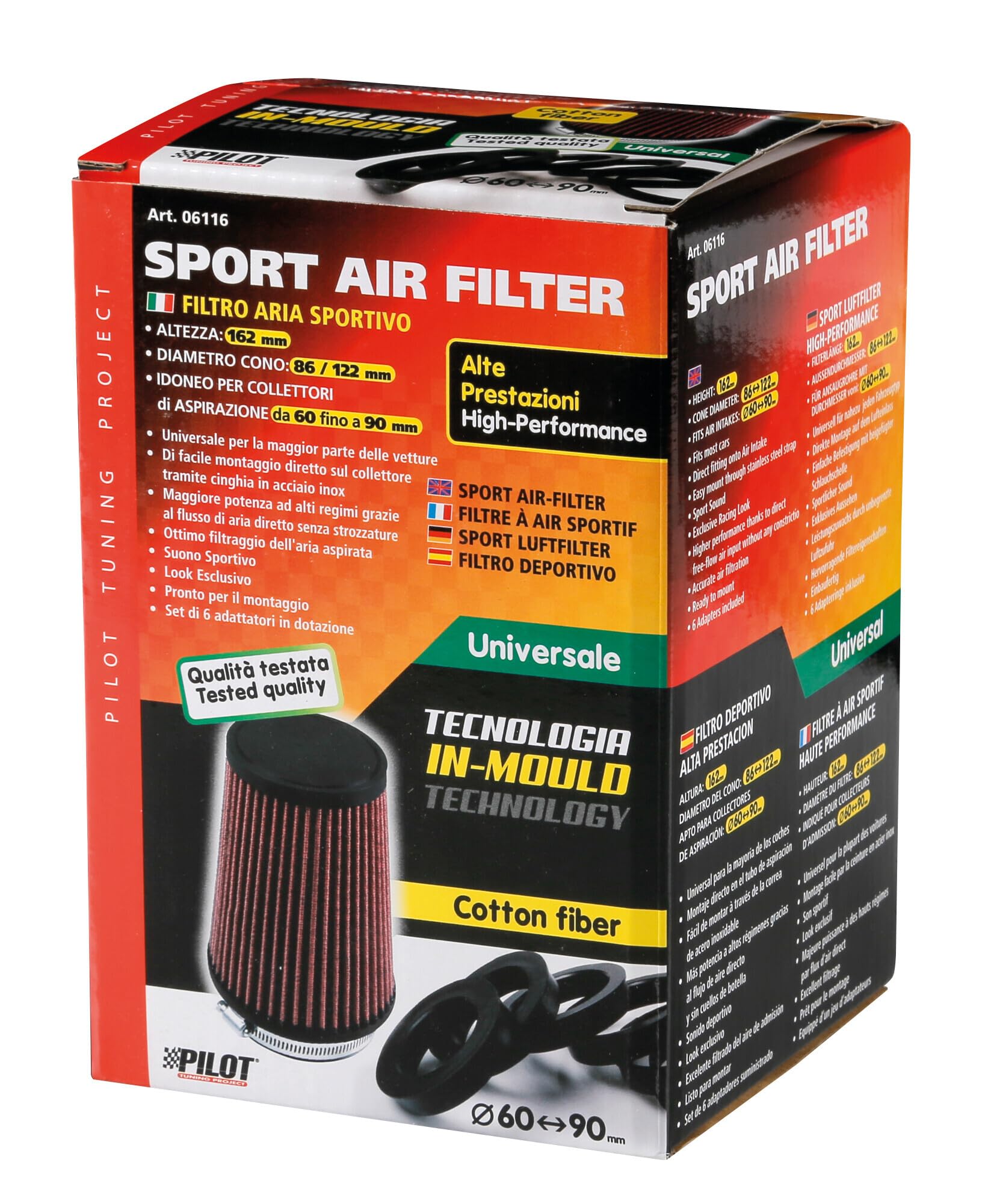 Filtro aria conico fibra cotone In Mould H162mm attacco 60 90 mm