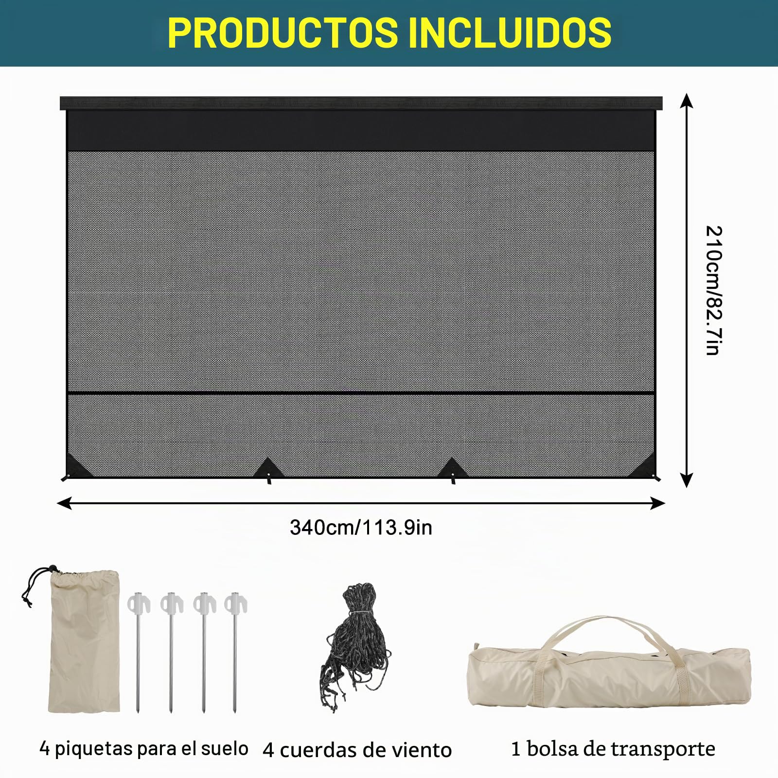 Protección Solar para Autocaravana 3,4 x 2,1 m, Toldo Universal Pantalla Privacidad, Pantalla de pared Frontal, Protección Solar, pared Lateral, para Caravana, Camping, tienda de campaña de privacidad
