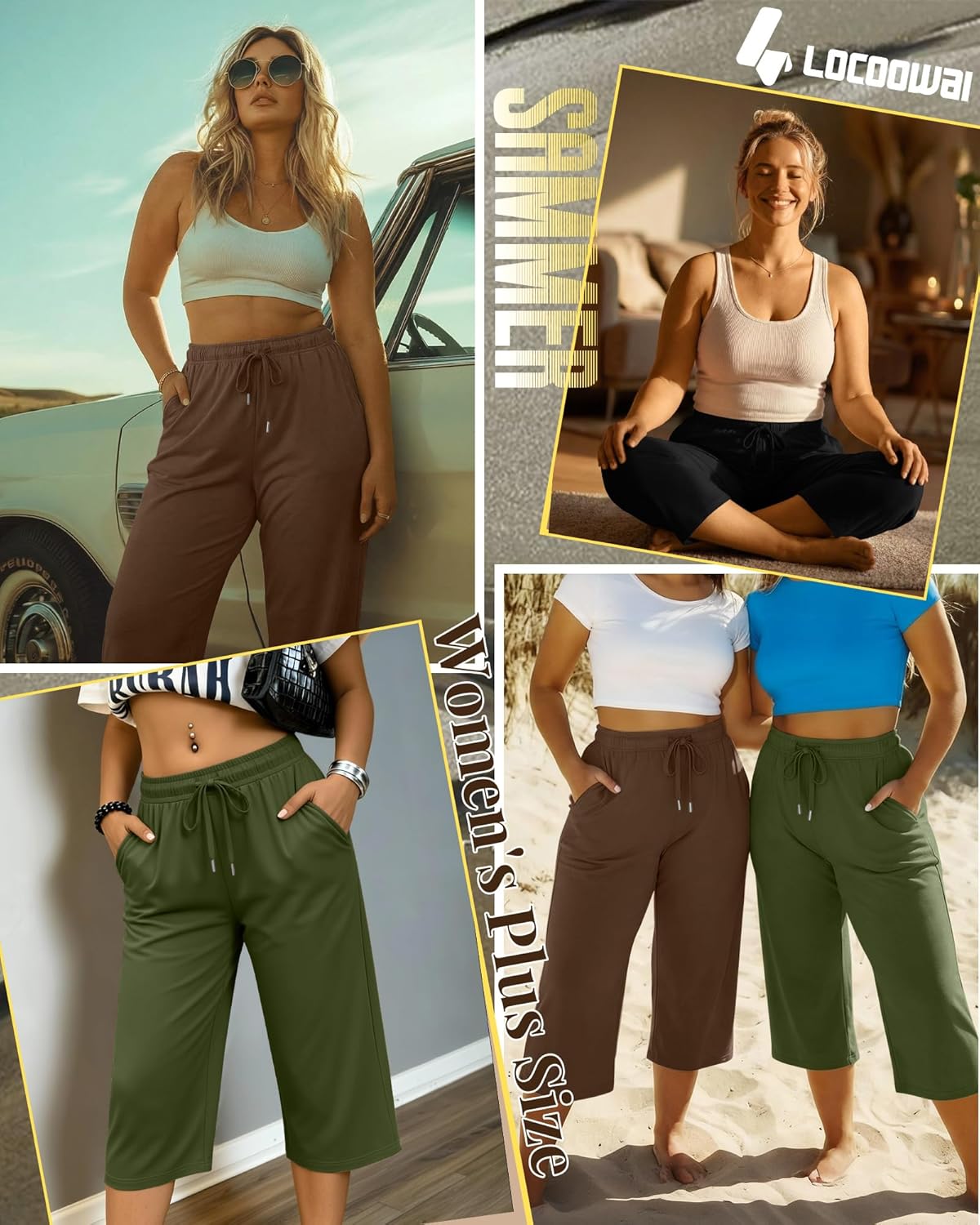 Locoowai 3 Pack Women's Plus Size Capris Loose Fit Wide Leg Yoga Cropped Pants Lounge Workout Sweatpant with Pockets