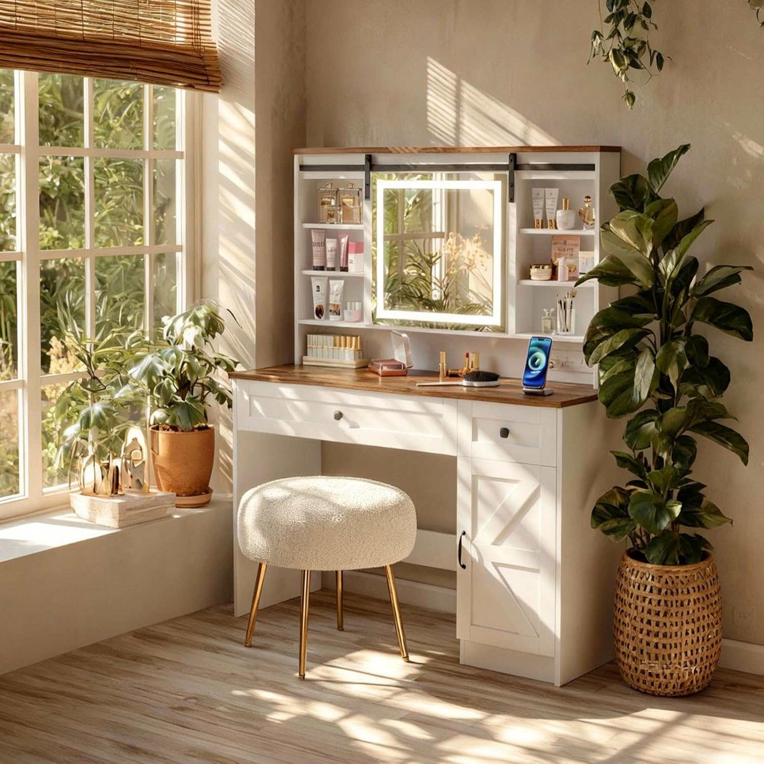 Farmhouse Lighted Vanity Desk with Sliding Mirror, 3 Color Lighting & Power Outlet, White Makeup Vanity with Storage Drawers/Shelves for Bedroom, 42" W×15.75" D×54.72" H