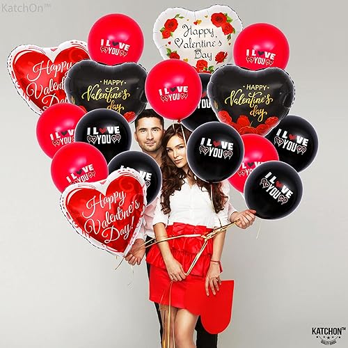 Miniatura 7 de KatchOn, Globos de feliz día de San Valentín, grandes, paquete de 26 | Globos en forma de corazón negro y rojo para decoraciones del día de San