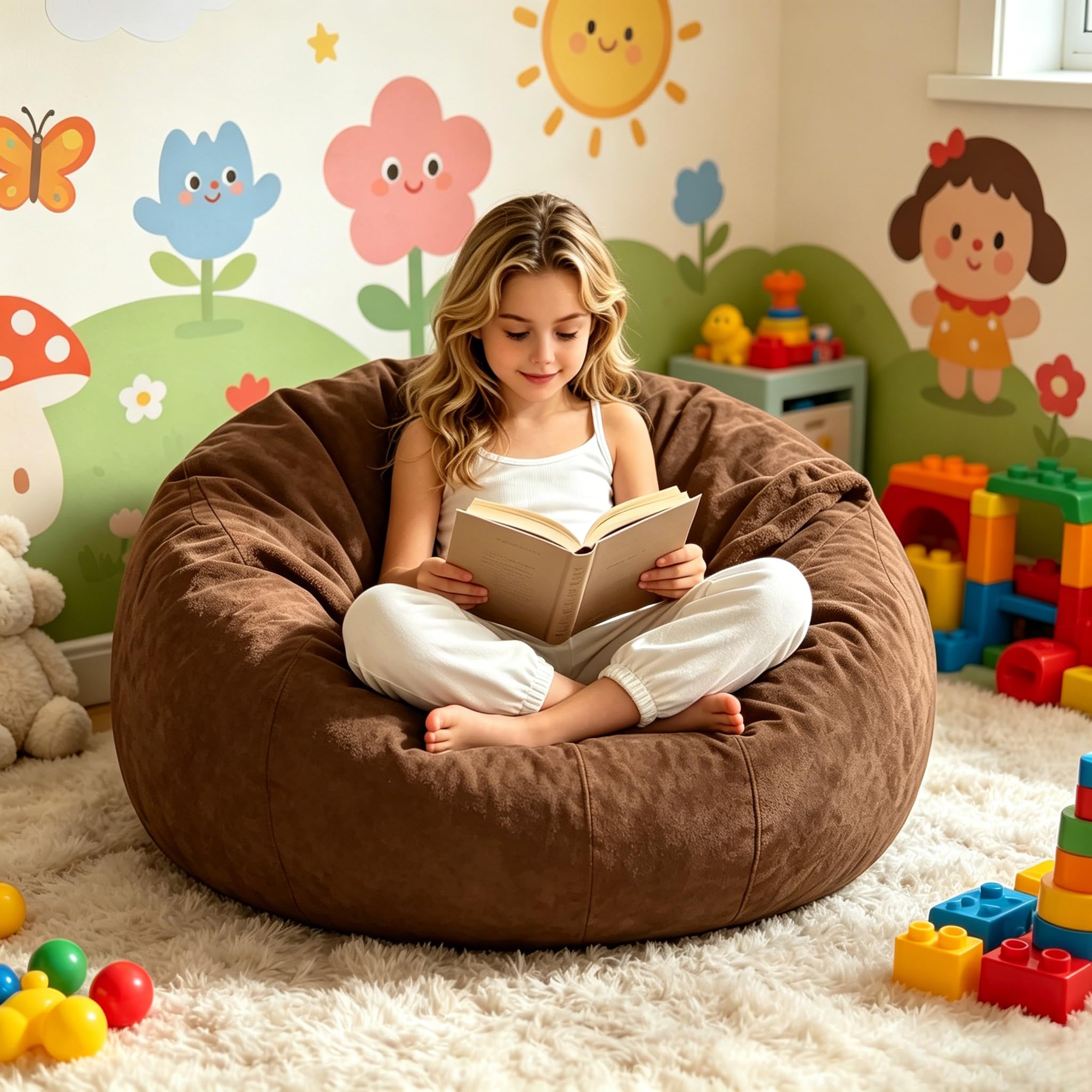 4FT，Bean Bag Chairs for Adults，Bean Bag with Filler Included，Memory Foam Chair，Soft Flannel Washable Cover, Ideal Reading Chair for Bedroom and Dormitory. (Coffee Color, 4 Foot)