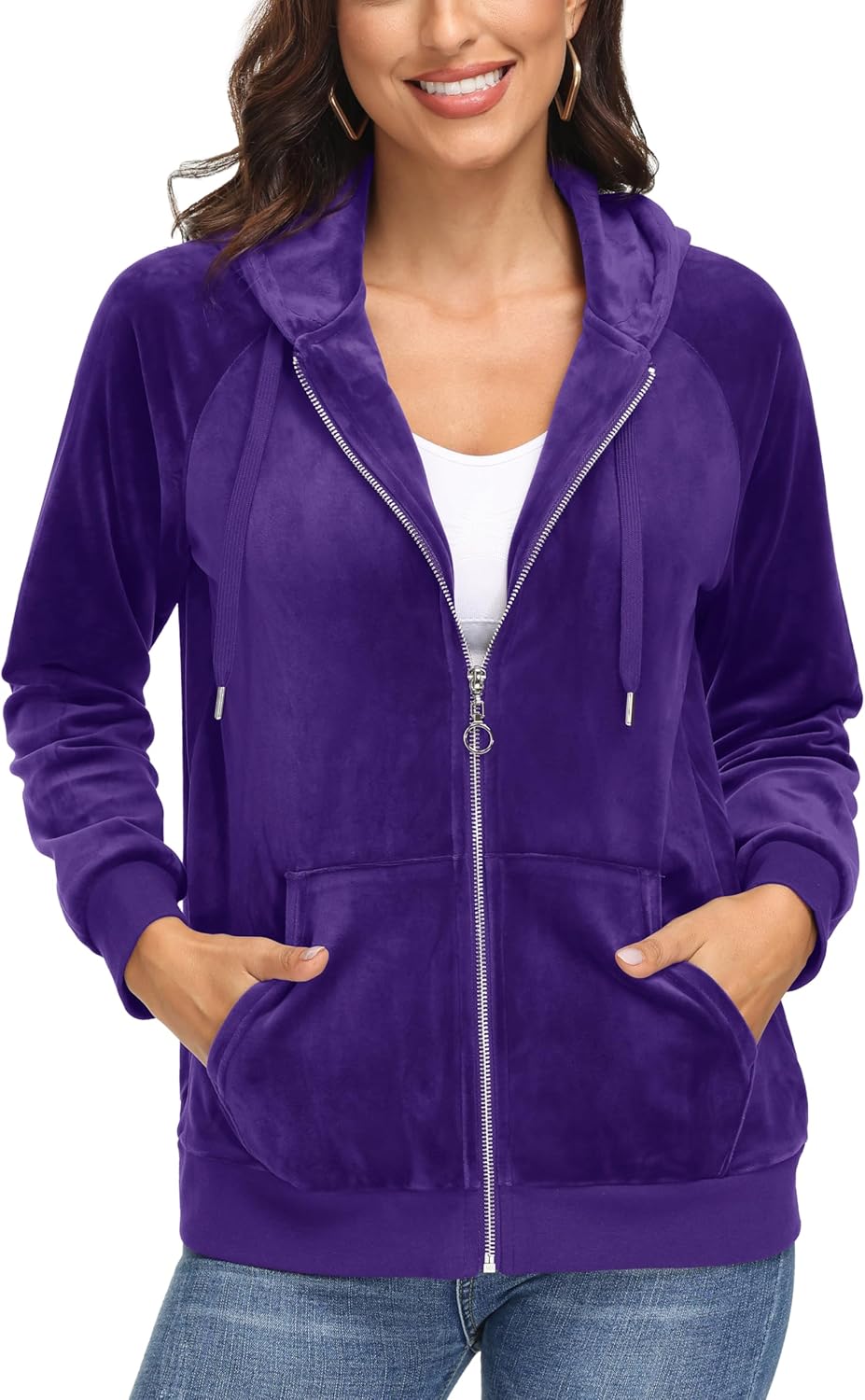 MAGCOMSEN Women's Velour Hooded Jacket Long Sleeve Full Zip Outerwear Soft Warm Velvet Jacket with Side Pockets