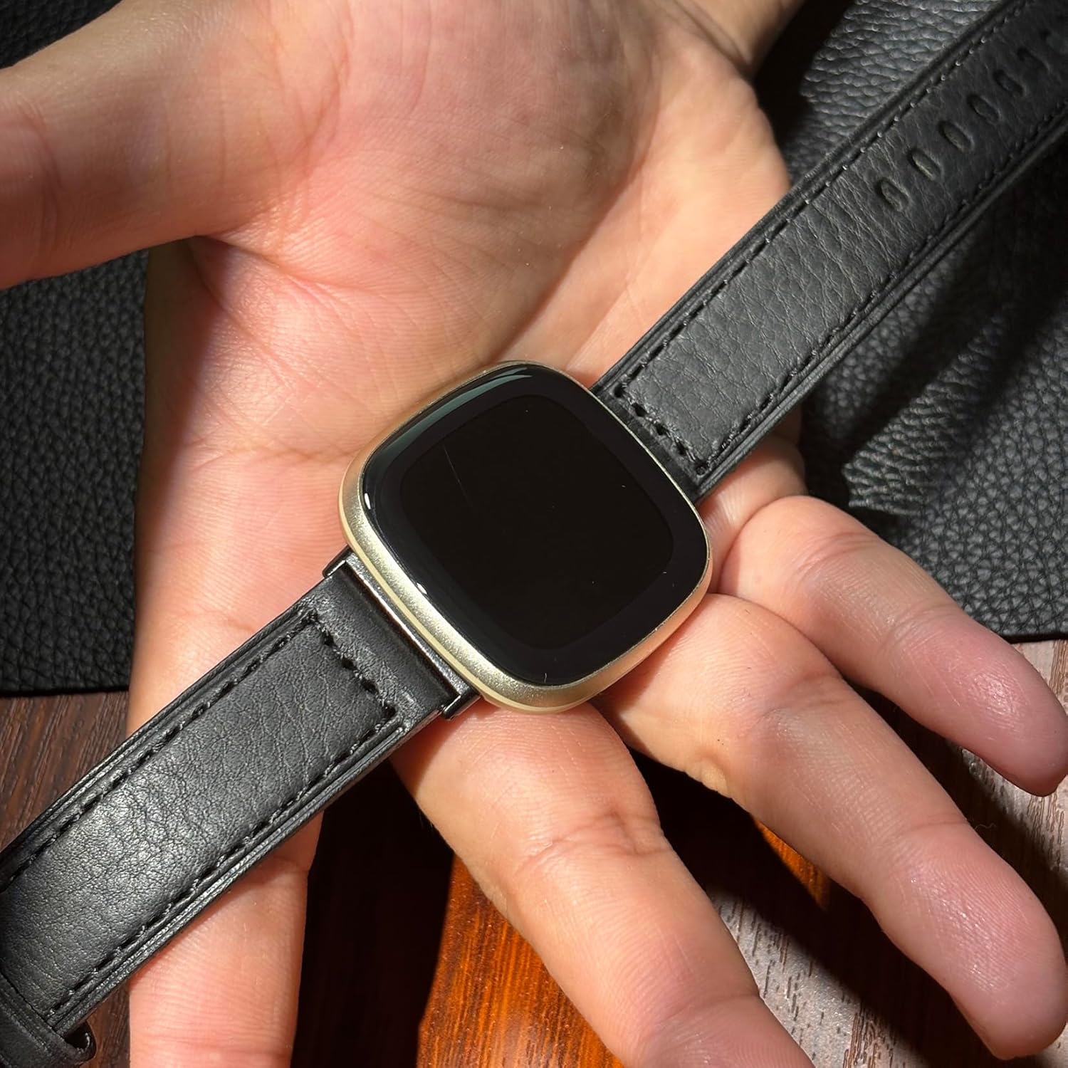 Genuine Leather Watch Band Compatible with Fitbit Versa 3 / Versa 4 / Sense/Sense 2, Tactical Strap with Stainless Steel Buckle for Men