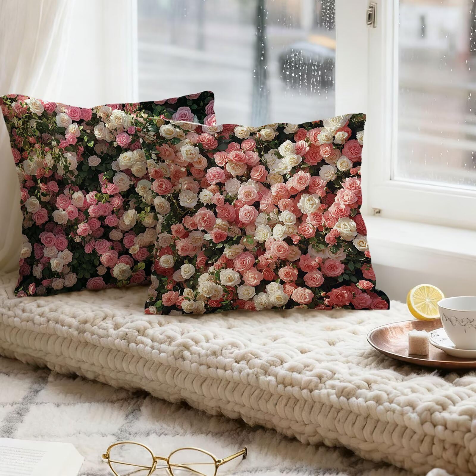 Rose Housse Coussin 60x60 Fleur Taie Oreiller 60x60 Lot de 4 Super Doux Protege Oreiller 60 x 60 Decoration Automne Taie D'oreiller Carrées Coussin Canape, pour Maison Chambre Canapé Chaise E - 530