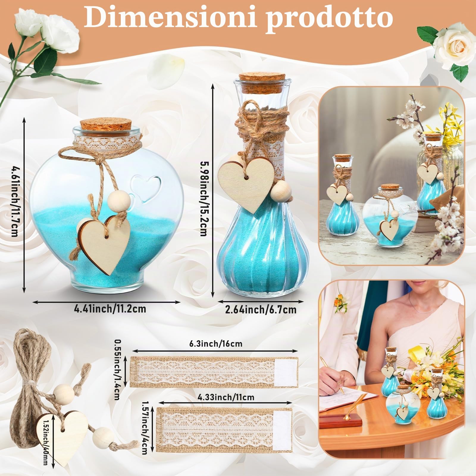 Layhit Il set per cerimonia di sabbia Unity include 3 vasi decorativi con maniche in iuta e pizzo e corda di canapa amore in legno, kit personalizzato per cerimonia nuziale, sabbia non inclusa