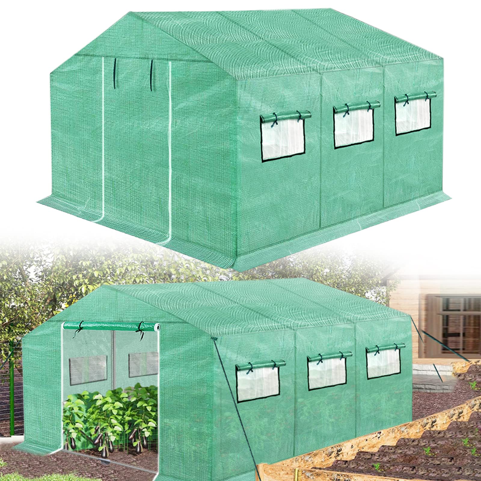 NAIZY Greenhouse szklarnia 4,5 x 2 x 2 m, 9㎡, szklarnia foliowa HDPE + LDPE + ocynkowana rura, z oknem, szklarnia na pomidory, odporna na działanie promieni UV, namiot foliowy do ogrodu, na rośliny, zielona