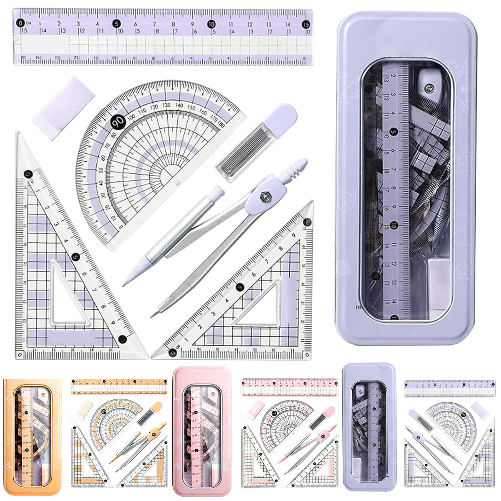 3 PCS SET Protractor and Compass, Geometry Sets for Secondary School Maths Equipment, Complete Mathematical Tools Kit with Protractors and Compass, Three Colour Options Pink Purple Yellow