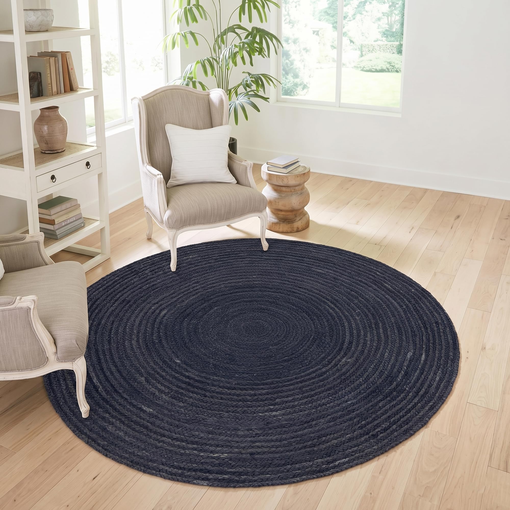 Tapis jute rond bleu 120x120 déco chambre et salon bohème