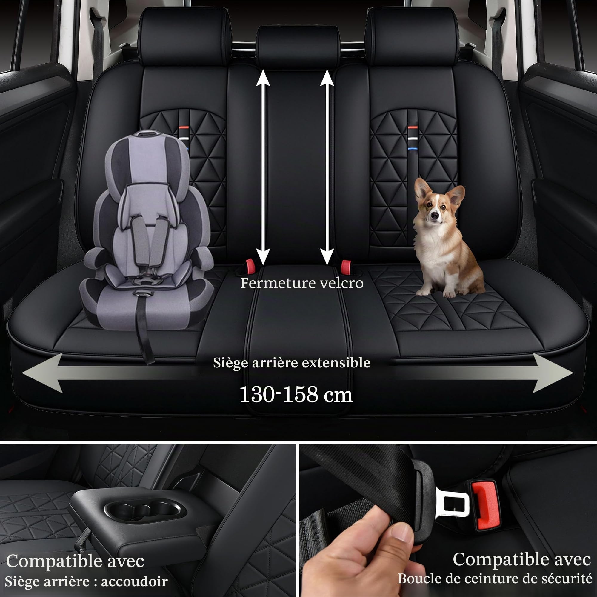 Ensemble de 5 housses de sièges de voiture pour VW Amarok Bora Golf Plus SV Jetta Passat Polo Tiguan, ensemble complet universel, noir - protège-sièges en similicuir PU (ensemble complet)