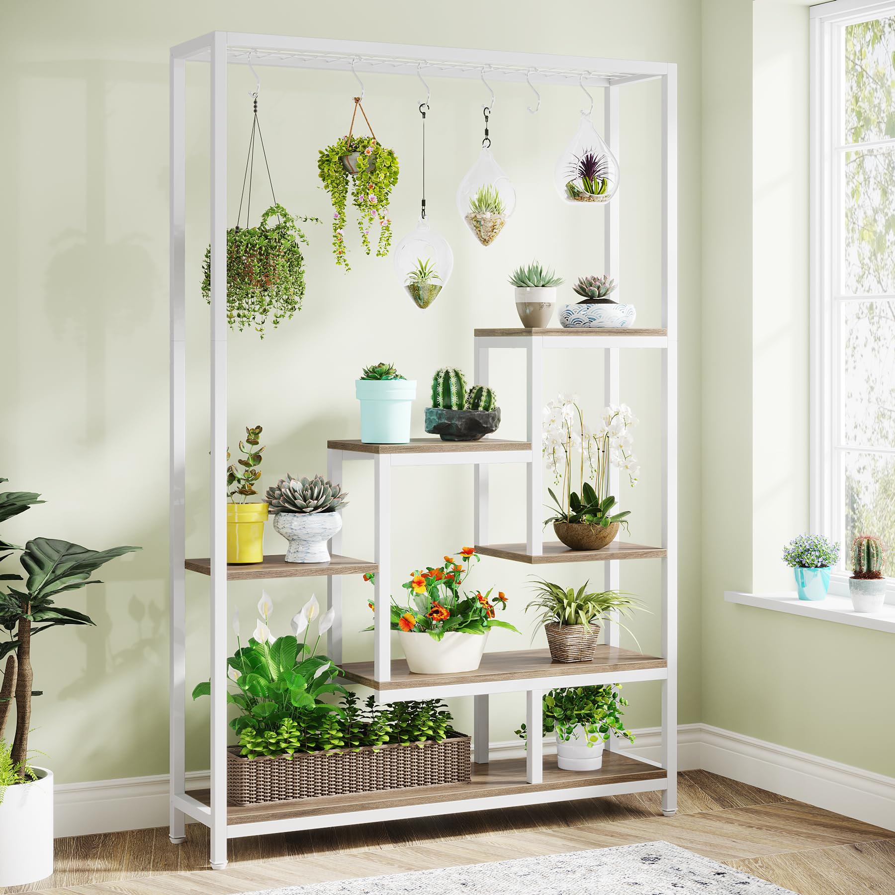 Tribesigns Soporte alto para plantas de interior de 5 niveles, estante de metal de 180 cm con 10 ganchos para colgar en S, estante de exhibición multiusos para bonsái de flores para interiores