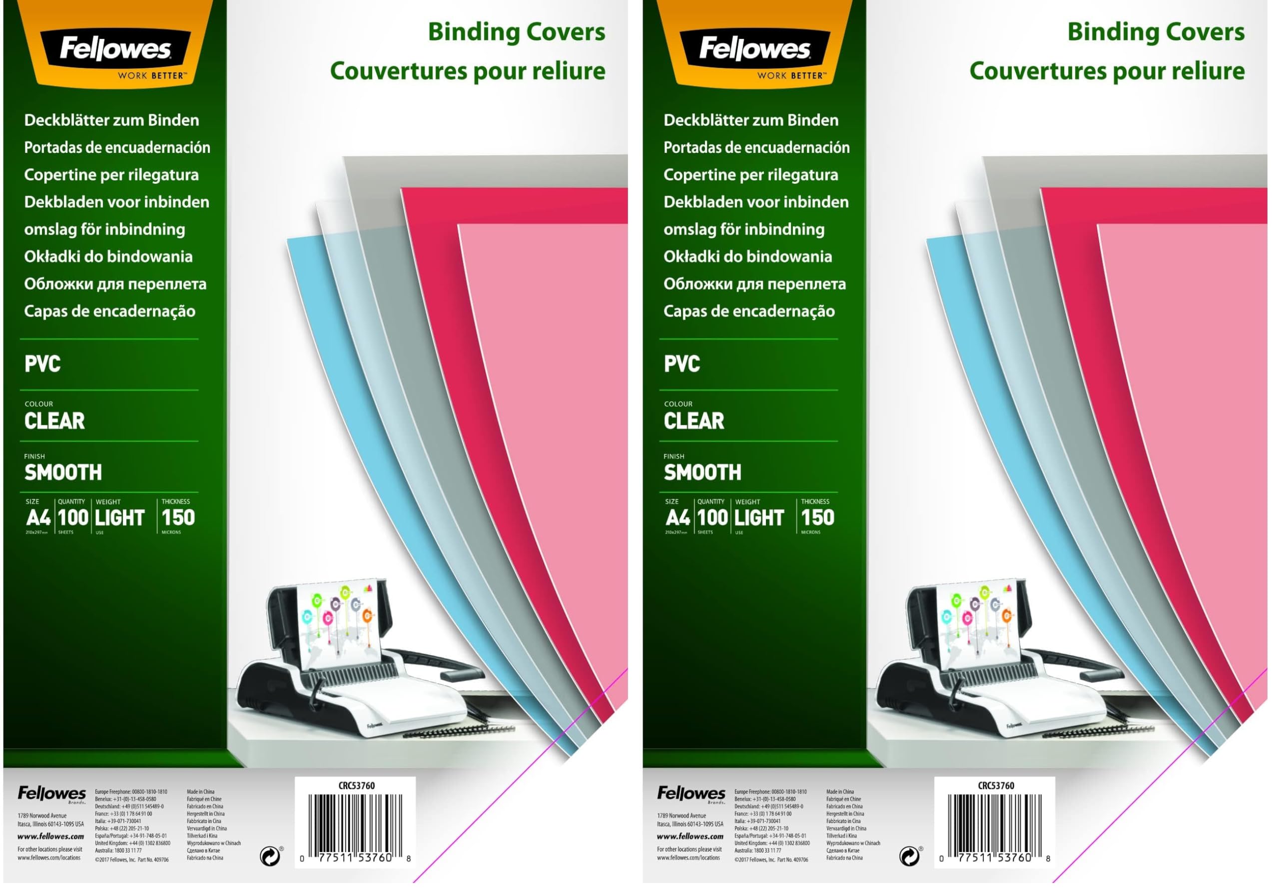 Fellowes PVC Deckblatt für Plastikbindung und Drahtbindung - Stärke 150 Mikron - transparent - Format DIN A4 - Packung mit 200 Stück