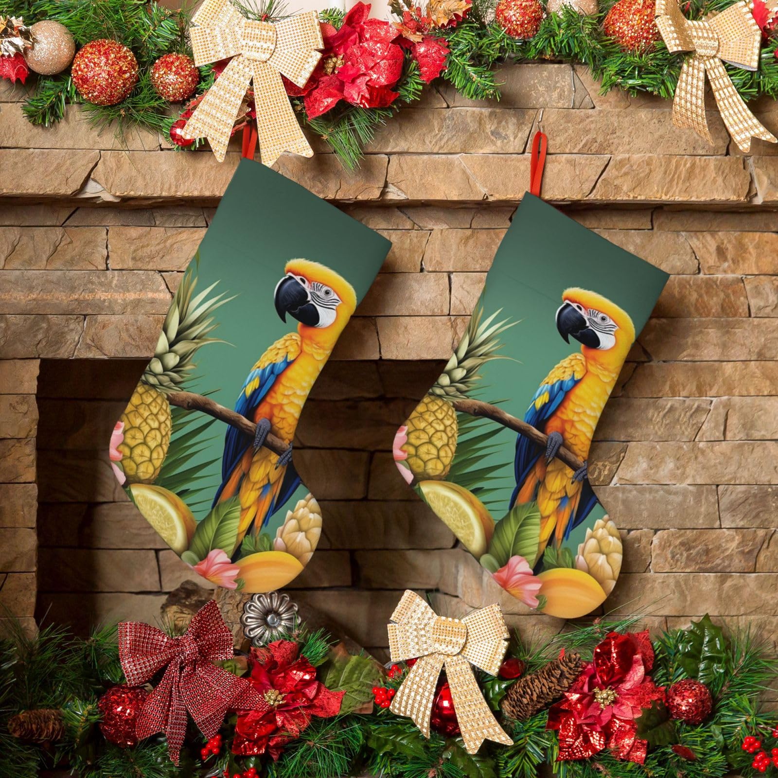 Fodpand Boys Black Summer Parrot Pineapple Bird Christmas Stockings Hanging Ornaments For Holiday Decor, 18 Inches Velvet Fireplace Hanging Xmas Stocking, Candy Gift Bags For Christmas Decorations