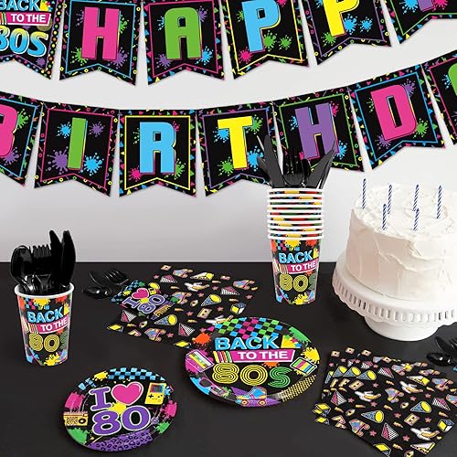 Miniatura 5 de Suministros para fiestas de cumpleaños con temática de los años 80, juego de vajilla con decoraciones, incluye mantel, platos, servilletas, vasos,