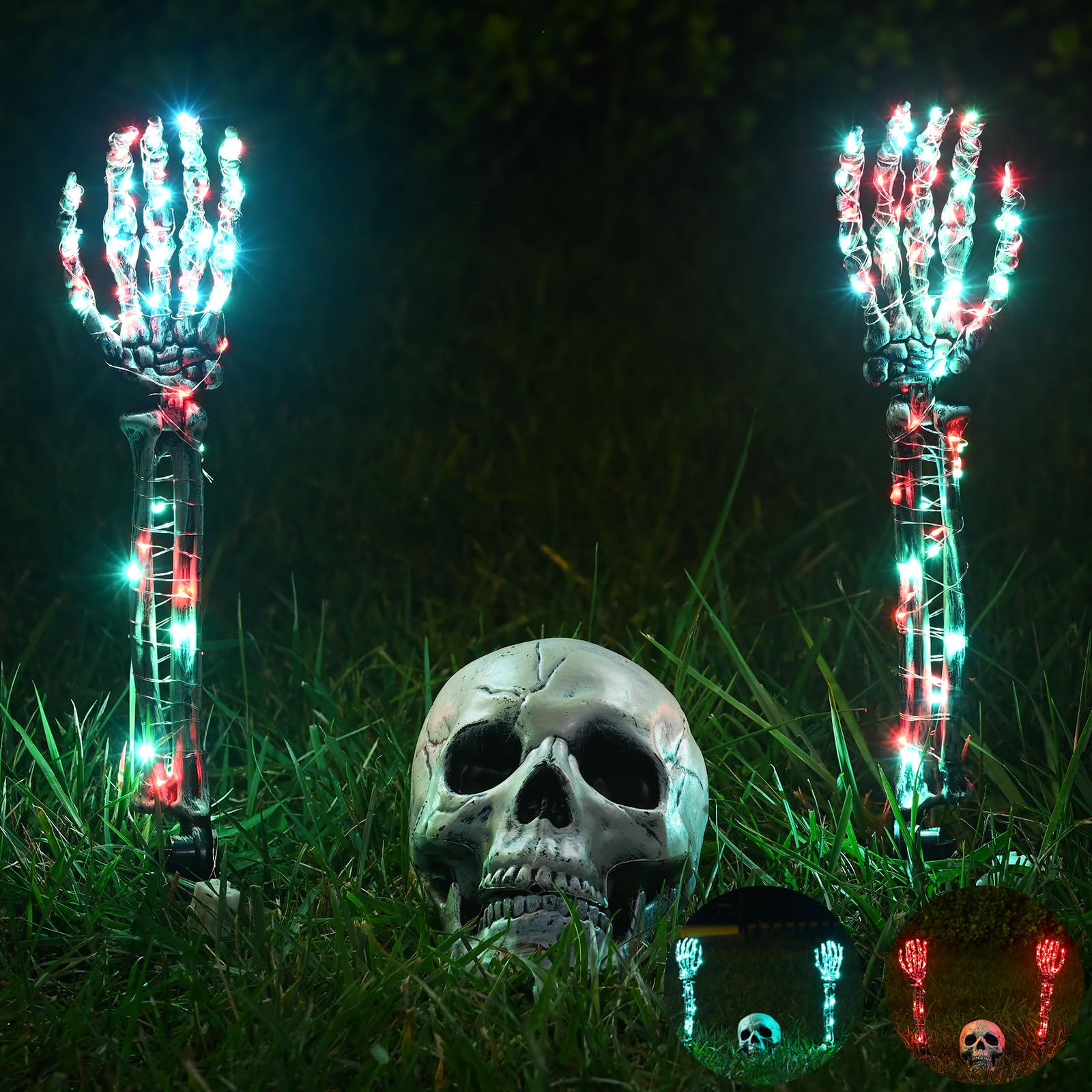 Maxee Halloween Lighted Skeleton Set, Skeleton Head & Arm Stakes with Lights, Realistic Halloween Decor for Outdoor Garden Yard Graveyard, 2 Green 3m LED Lights & 2 Red 3m LED (3 Lighting Modes) — image 1