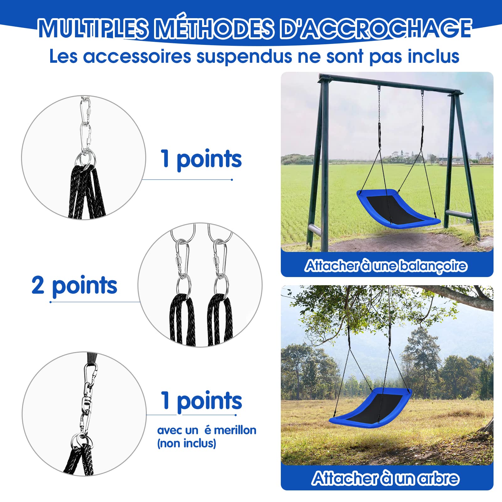 COSTWAY Balançoire Extérieur Rectangulaire 83 x 155 cm, Siege Balançoire pour Enfant et Adulte, avec Cordes de Suspension Réglables Charge Max 150 kg pour Parc, Arbre (Bleu)