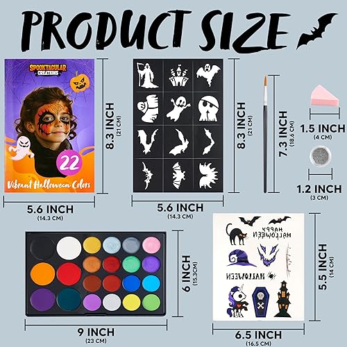 Miniatura 5 de Spooktacular Creations Kit de maquillaje de pintura facial de Halloween, 22 colores, pintura no tóxica con plantillas y pinceles, esponjas, polvos