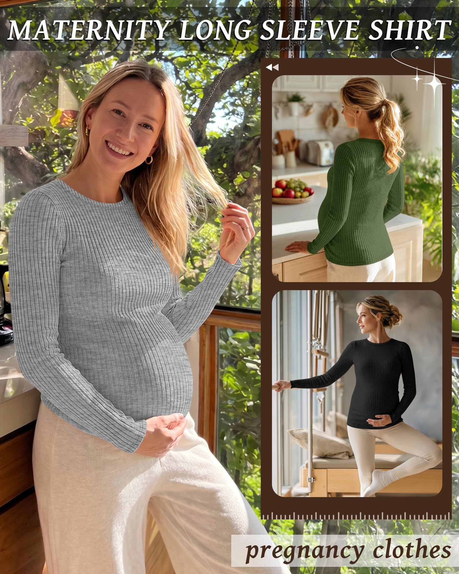 Riyiper Lot de 4 Chemises de Maternité pour Femmes, Manches Longues, Tricot Côtelé, Tuniques de Grossesse en Coton