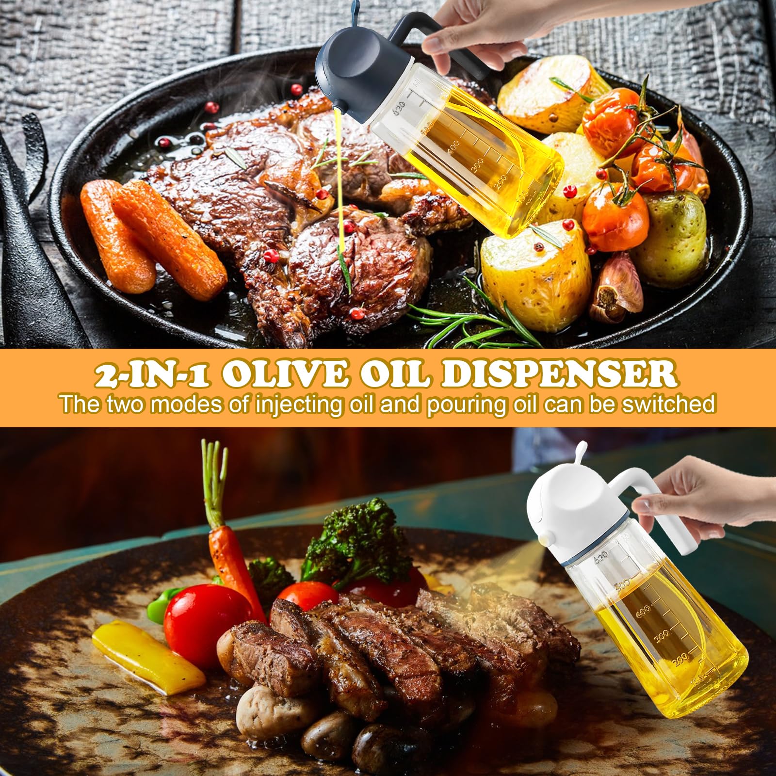 2 pack oil sprayer for cooking,2 in 1 oil dispenser and oil sprayer,21.5 oz./630 ml olive oil sprayer,food grade glass oil sprayer,used for air frying pan,salad, baking,cooking and barbecue,etc.