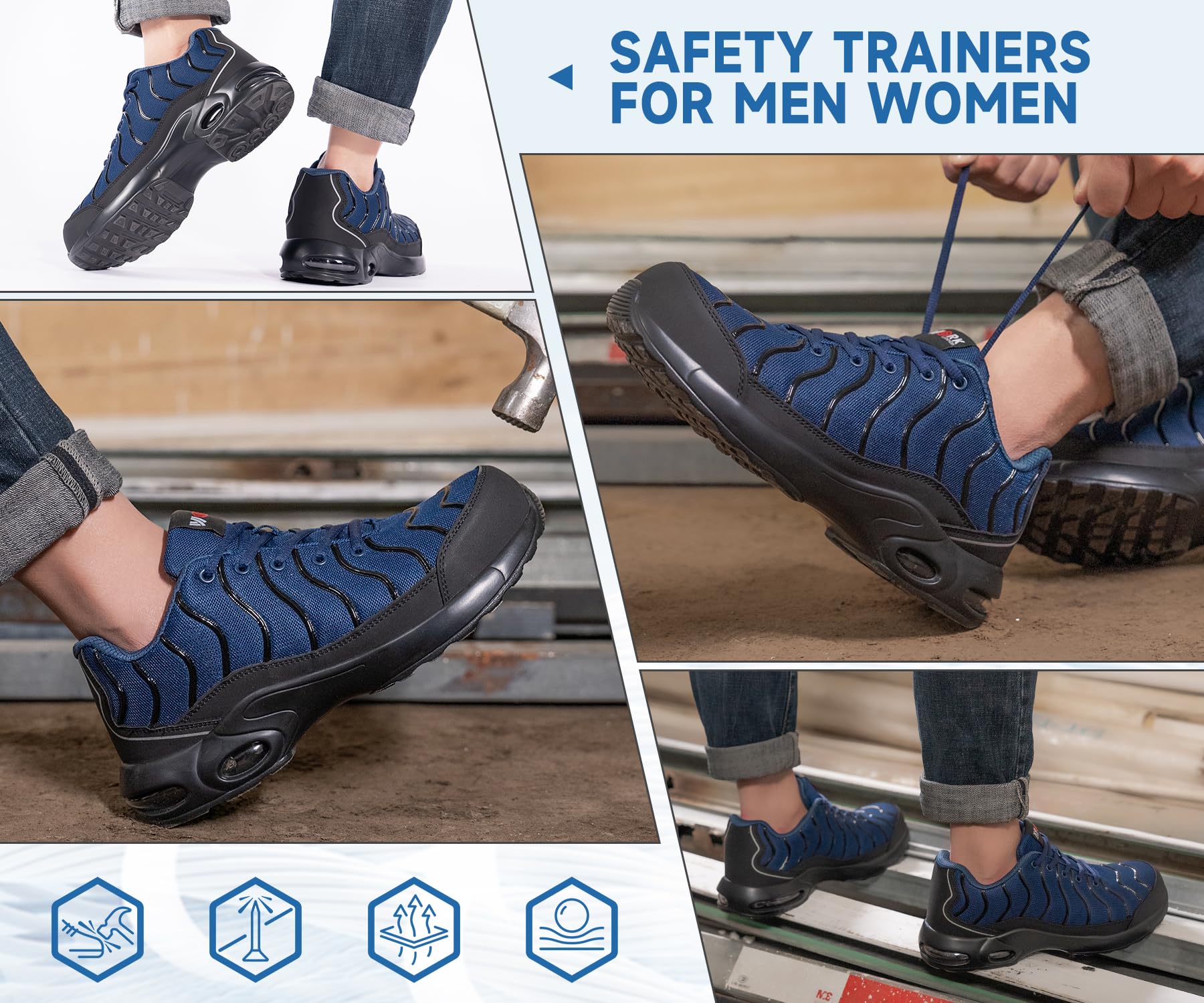 LARNMERN Buty robocze dla mężczyzn i kobiet, lekkie, szerokie i normalne, uniseks, odporne na przebicie, sportowe buty ochronne, stalowe nasadki, komfortowe, oddychające, amortyzacja, poduszka