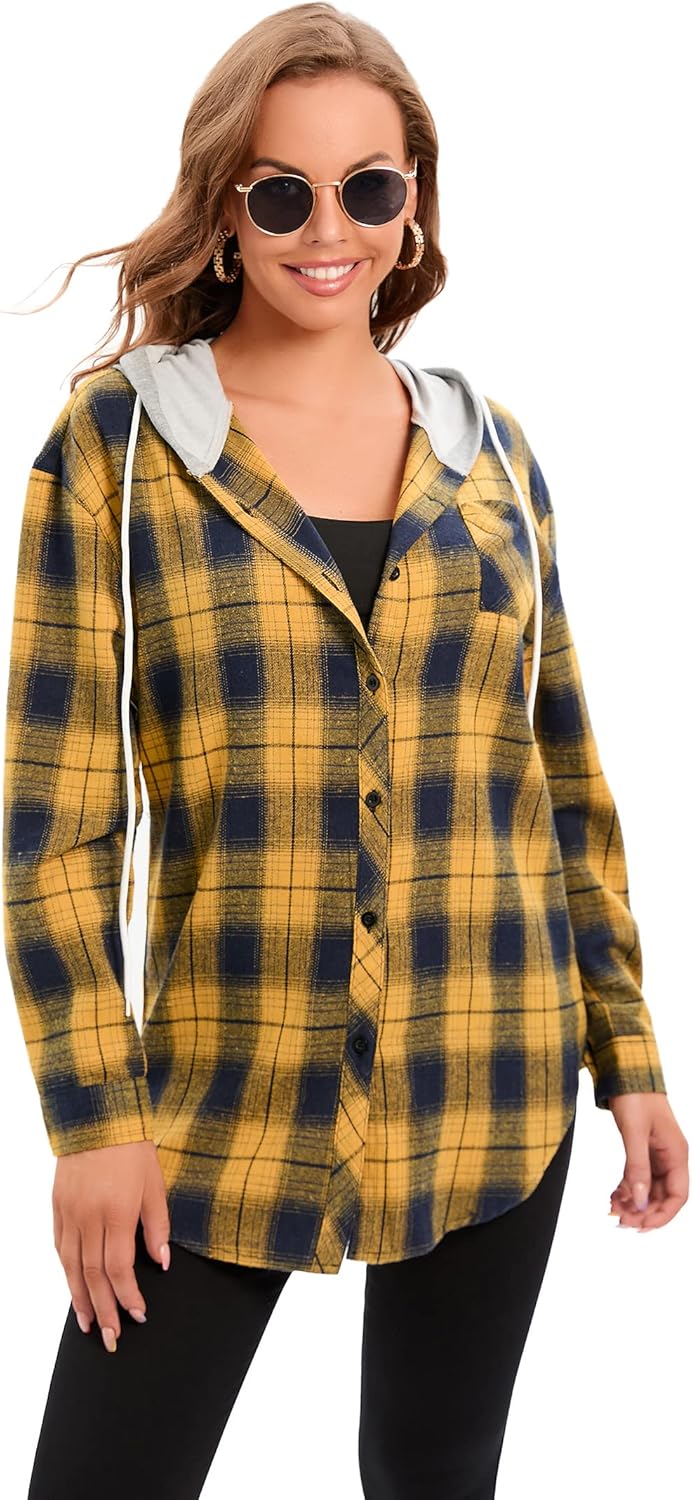 Women's Plaid Flannel Shirts Hoodie Long Sleeve Oversized Shirt Jacket Button Down Blouse Tops - Image 5