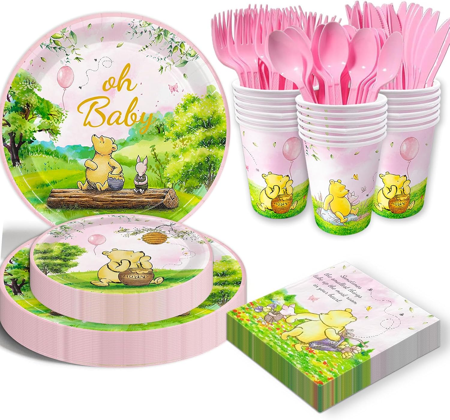 175pcs Vintage Winnie Bear Baby Shower Pooh Decorations Pink Birthday Party Supplies Tableware Set (25 Guest) With Paper Plates Cups Napkins Cutlery for Girls Newborn Birthday Party Decoration