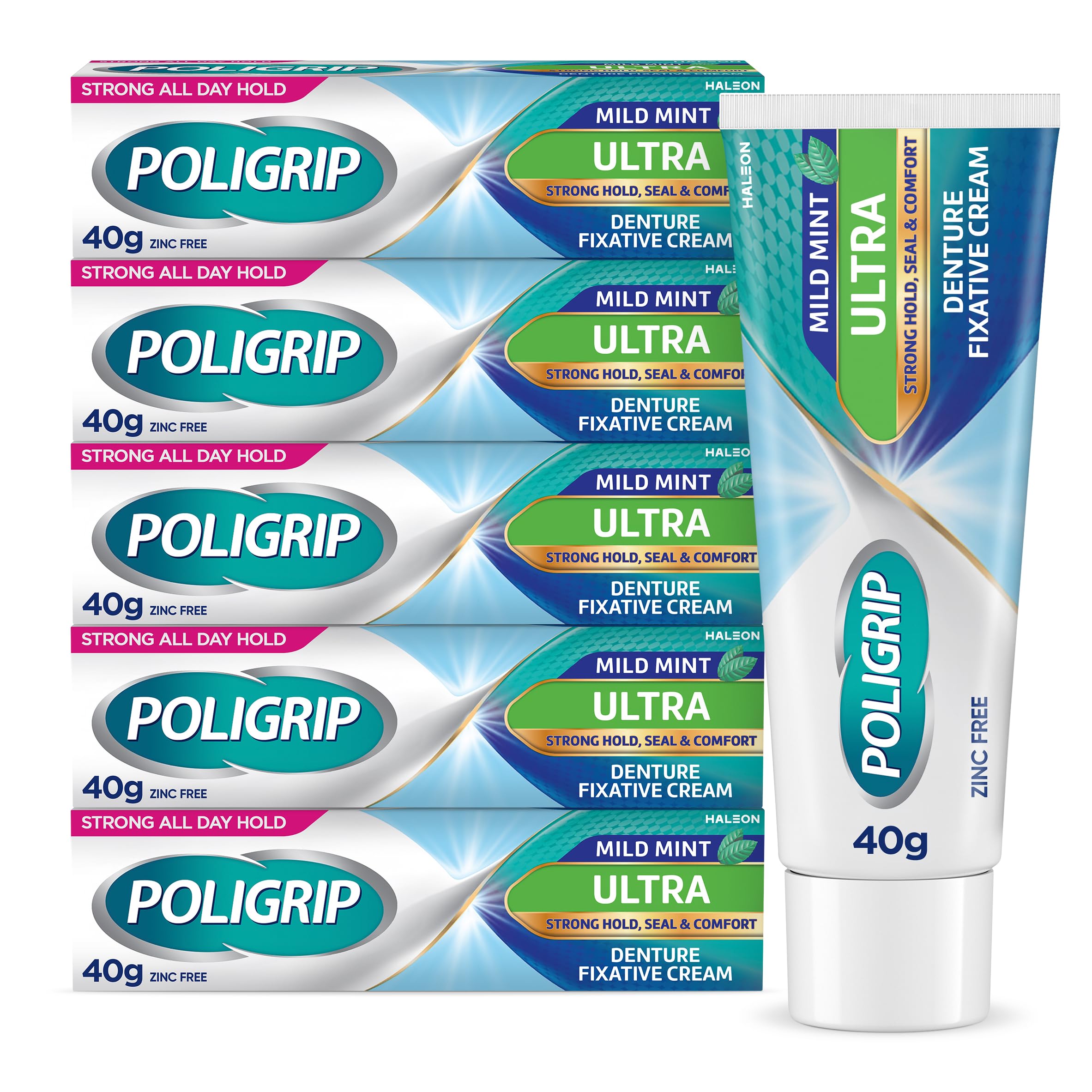 Poligrip Denture Adhesive Cream, False Teeth and Partials Fixative, Ultra, 40 g (Pack of 5)