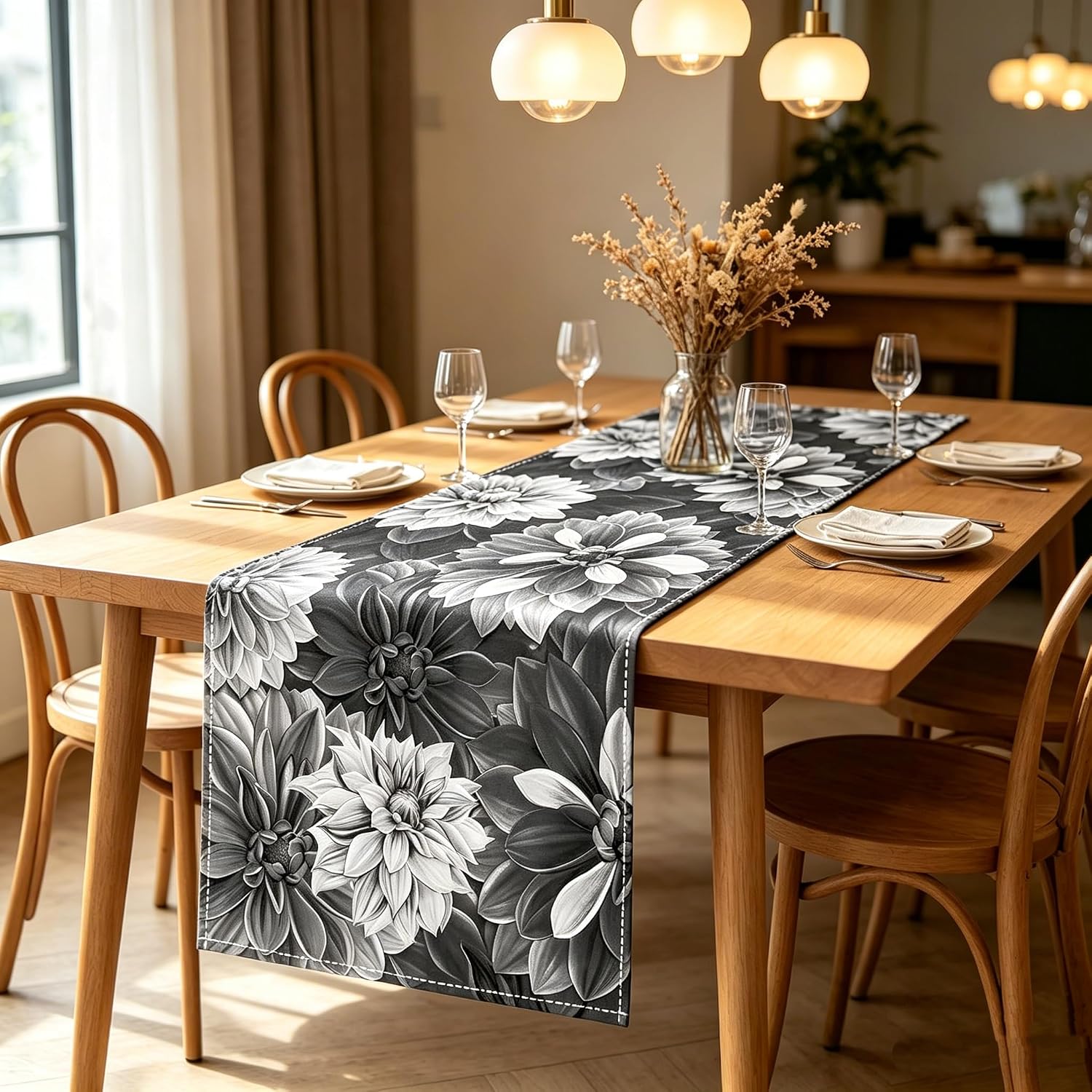 OYIMUA Soft Chenille Table Runner 72 Inches Long Waterproof Grey | Flowers Rustic Runner Dining Table Decorations for Home Outdoor, for Spring Summer Fall Winter, Oil-Proof Wipeable